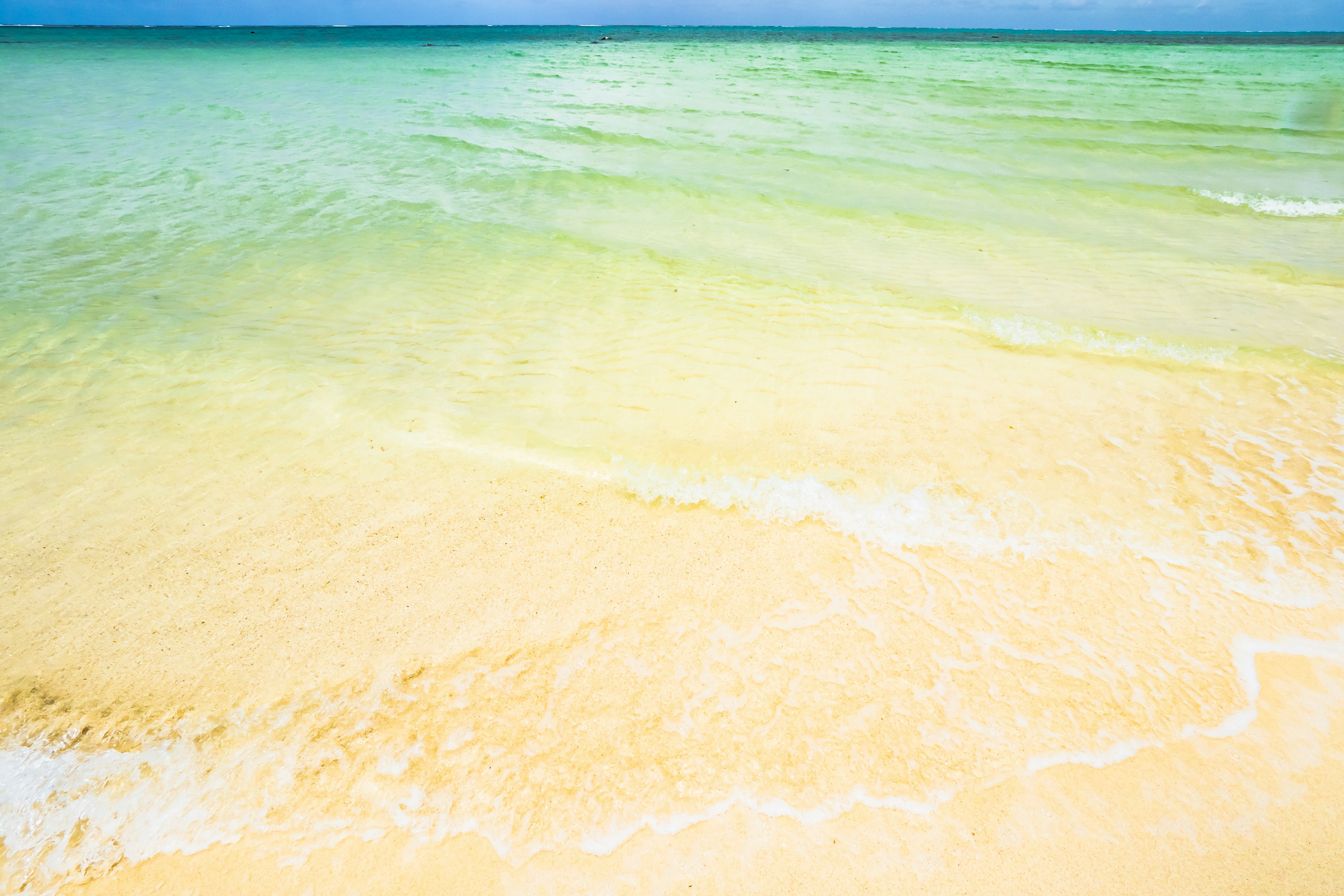 A beach scene with blue ocean and golden sand