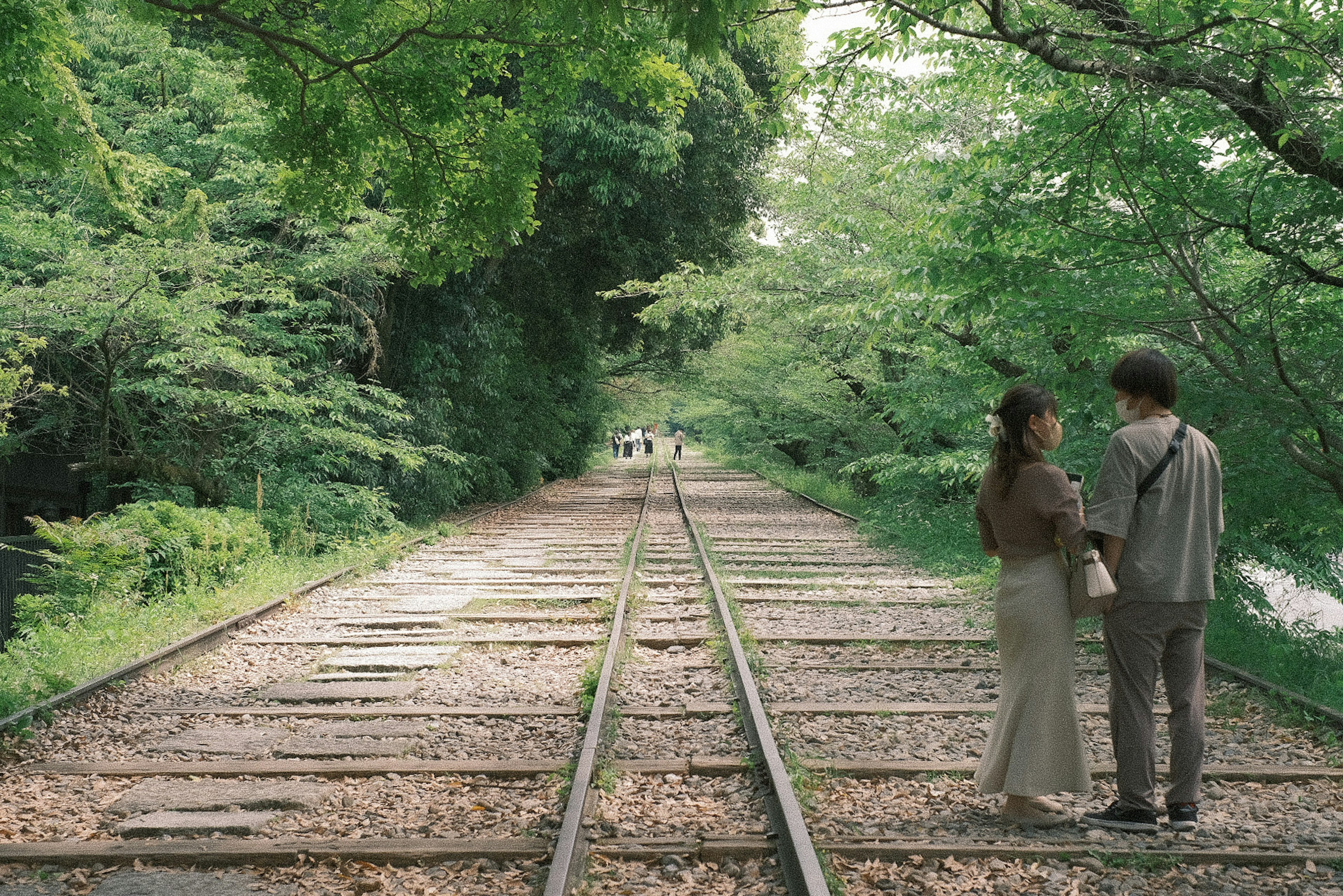 緑に囲まれた線路の上で会話するカップルの風景