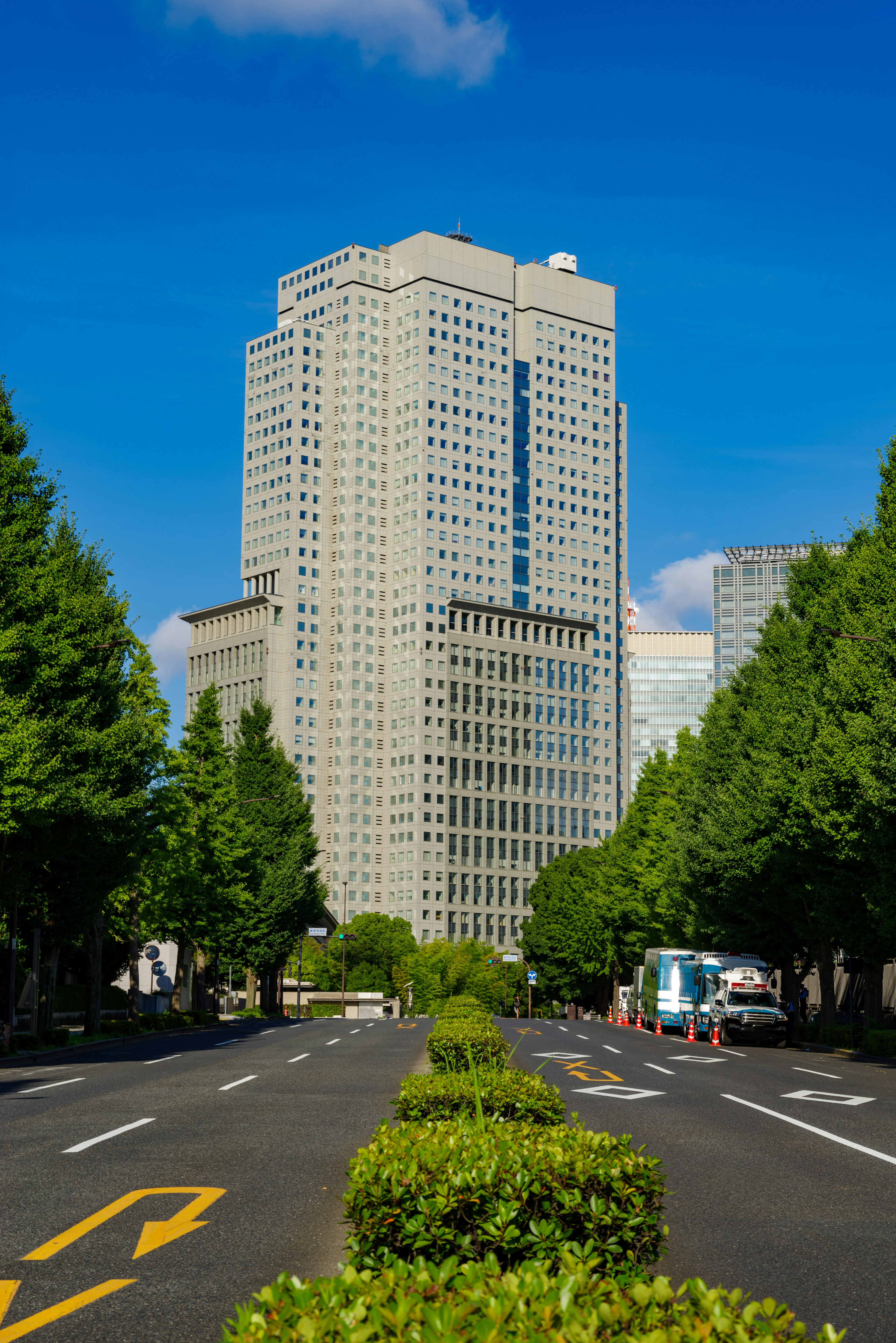 Paysage urbain avec un grand bâtiment sous un ciel bleu clair et des arbres verts bordant la rue