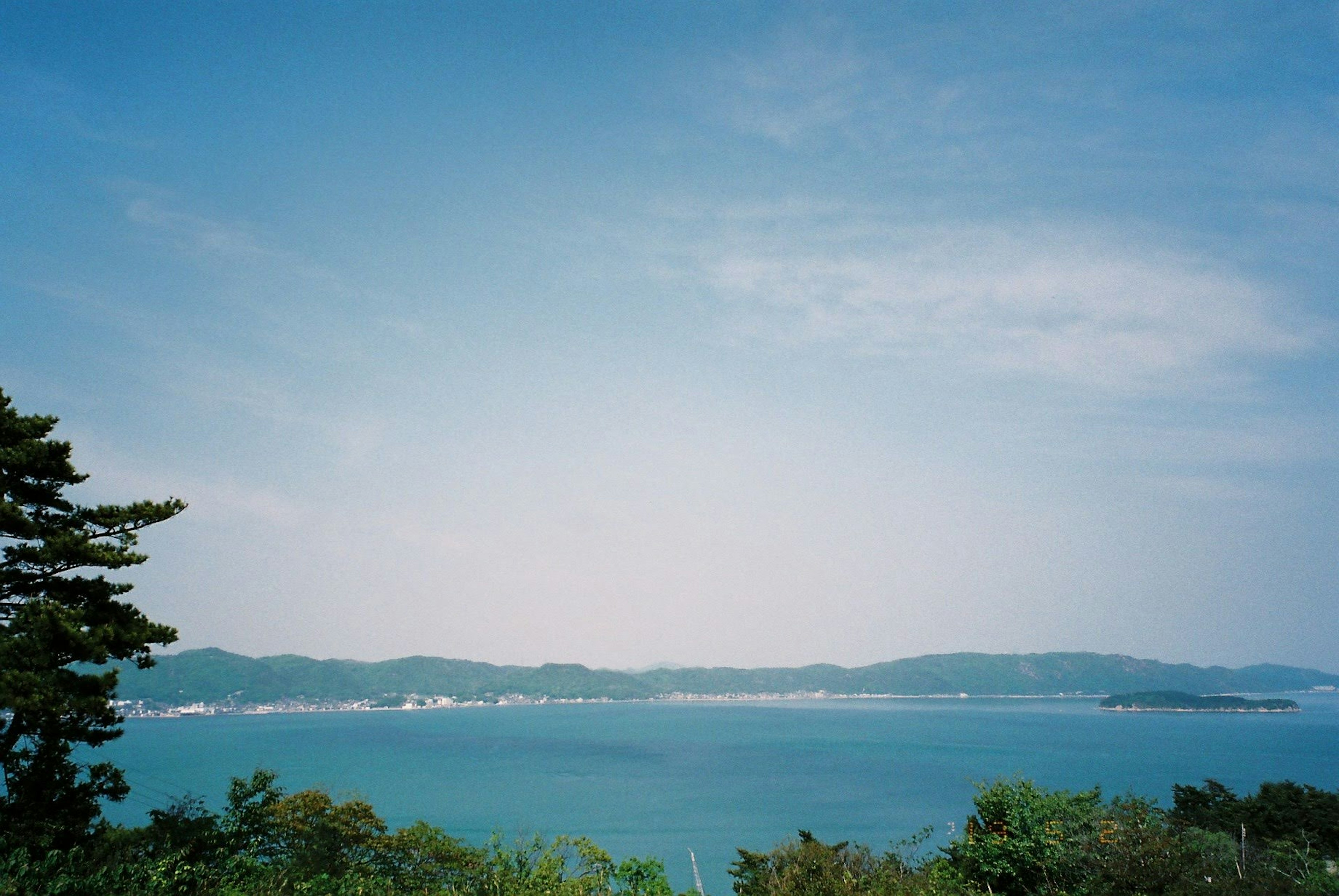 Vista panoramica di cielo blu e oceano con alberi verdi