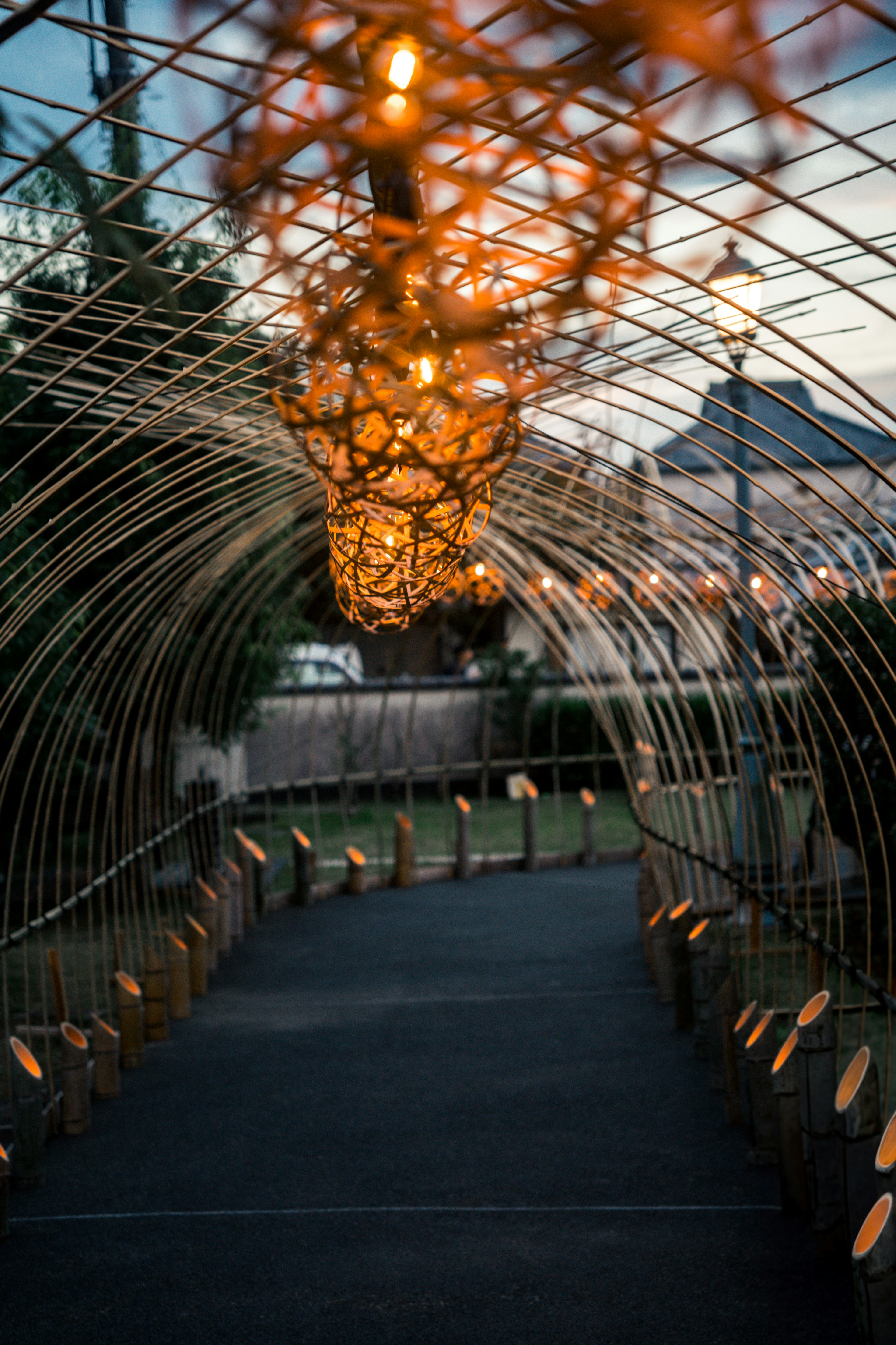 Decorative lighted tunnel pathway during dusk