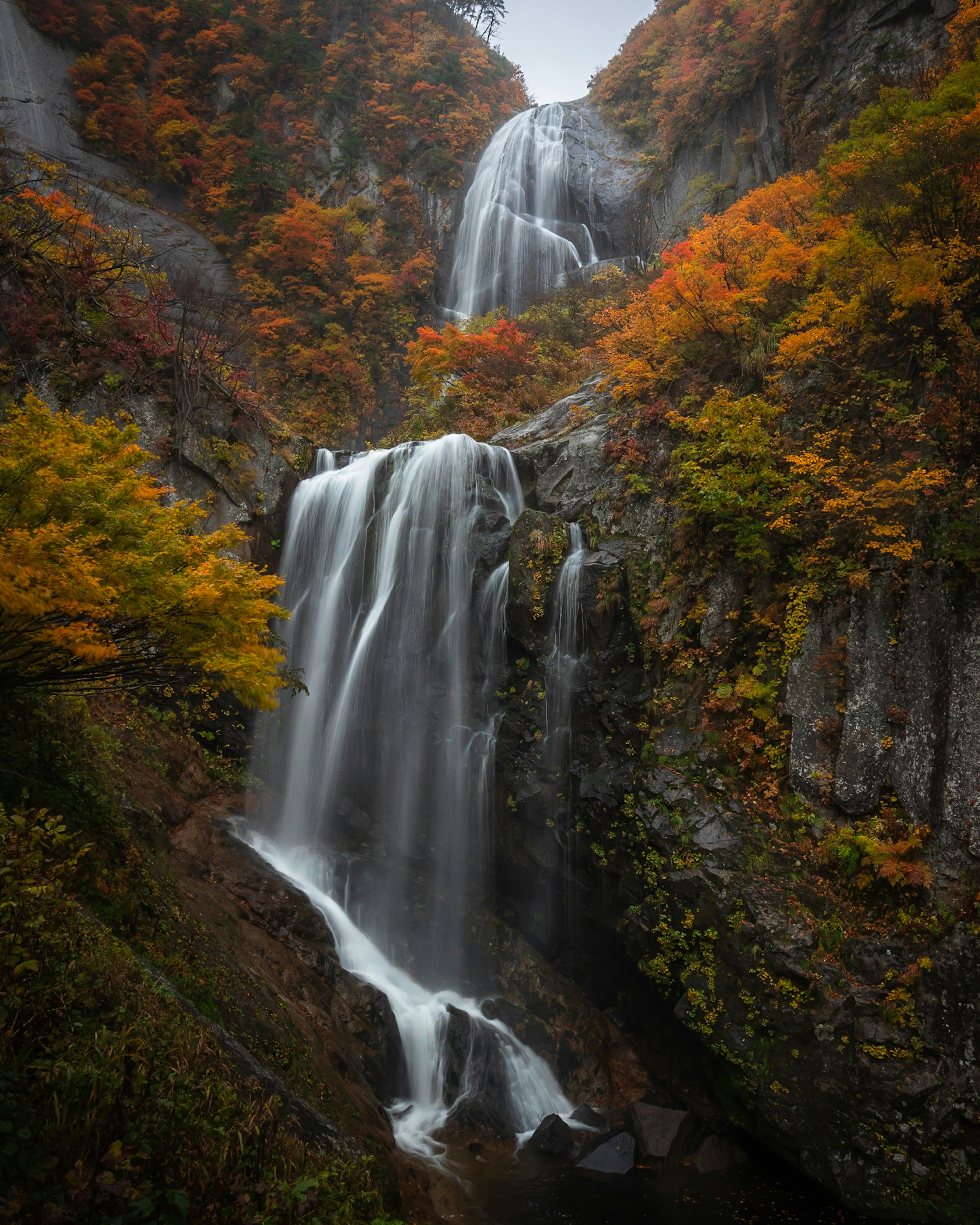 Hermosa cascada rodeada de follaje otoñal