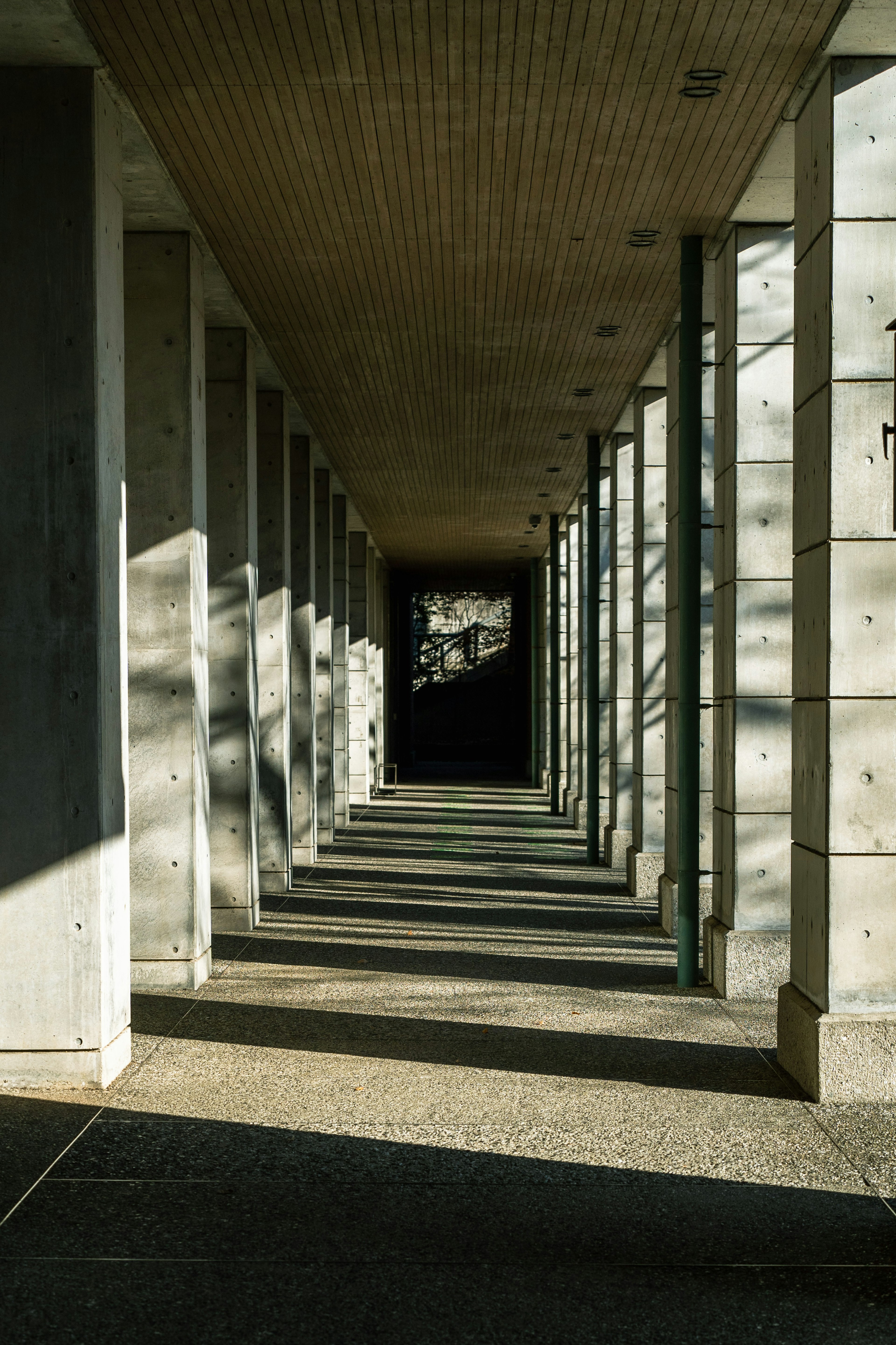 Long couloir avec des colonnes en béton et des ombres saisissantes