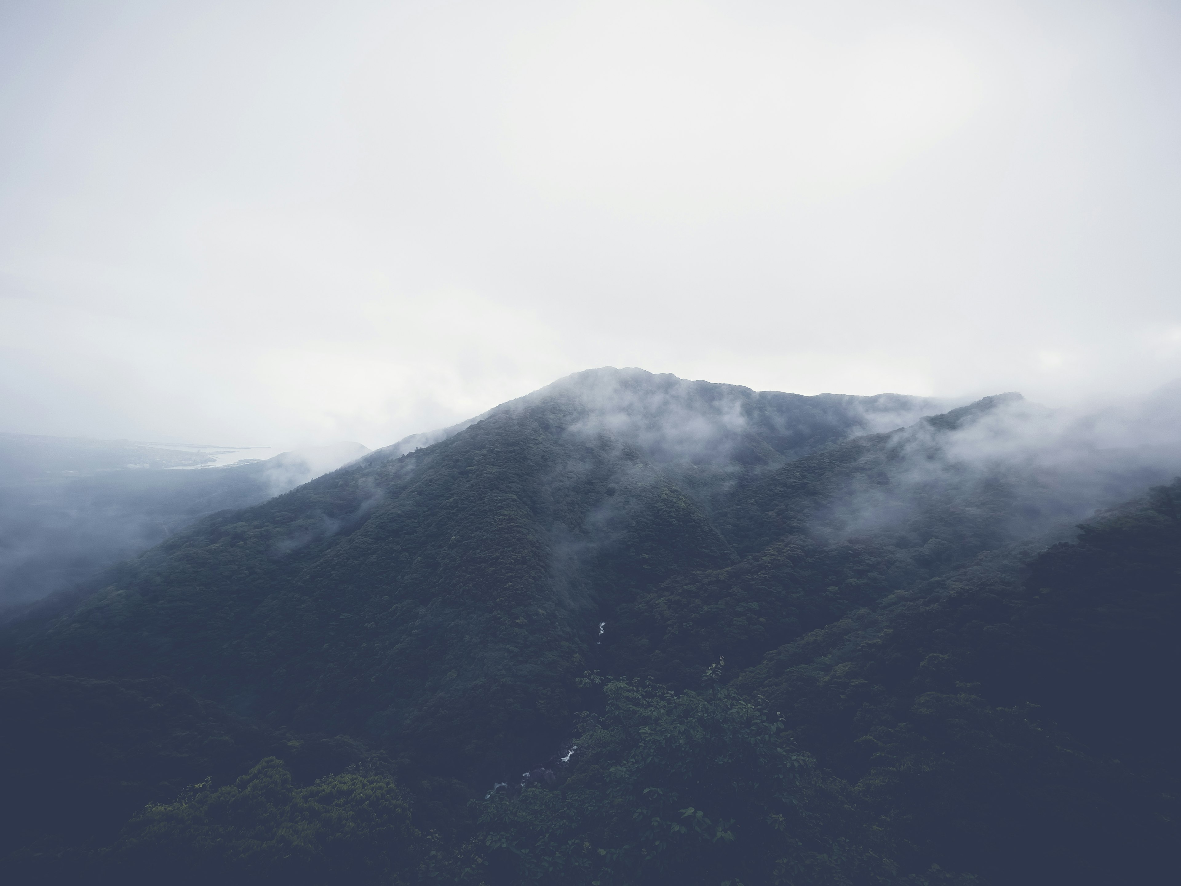 被雾气笼罩的山景，色彩柔和