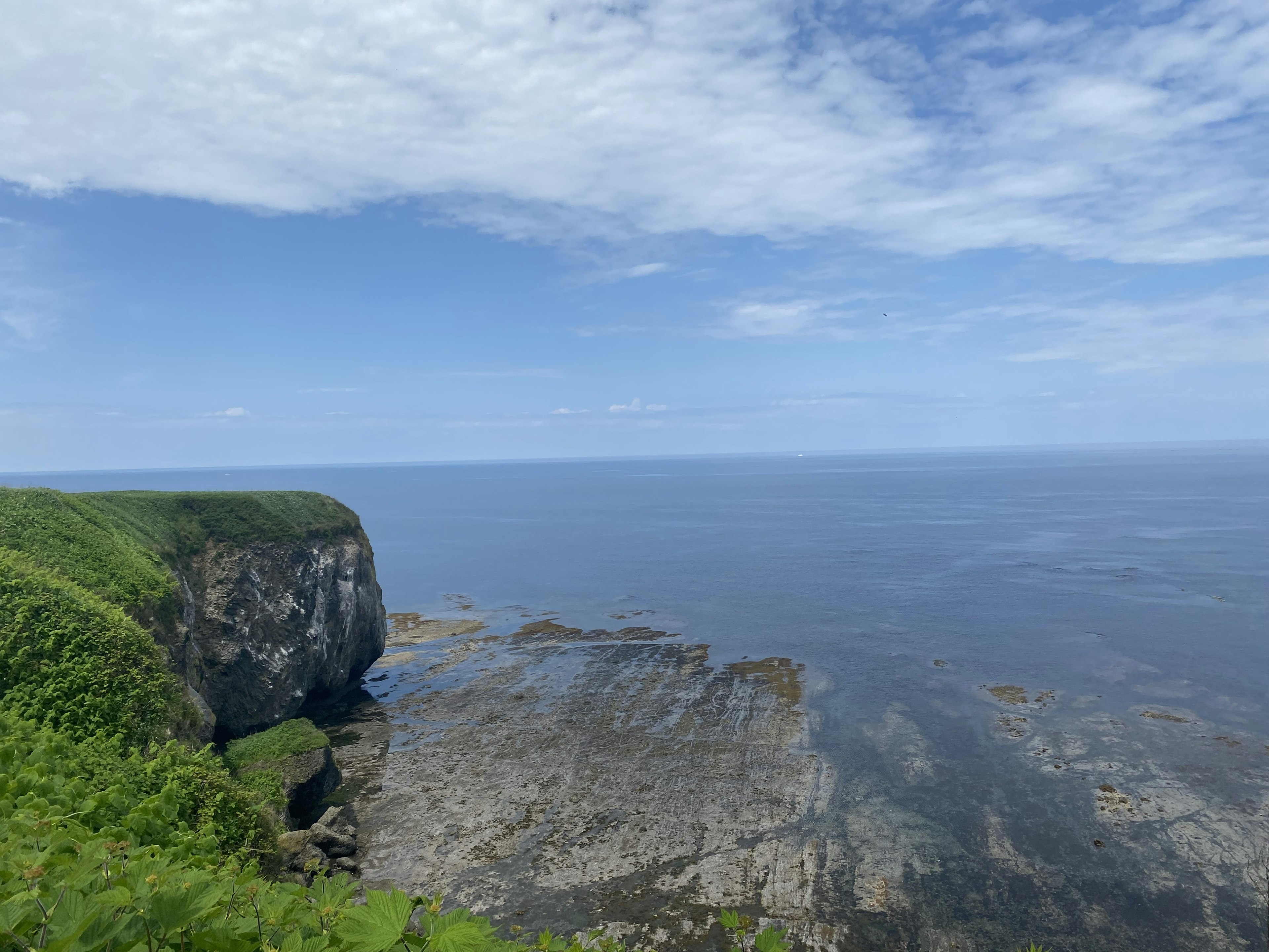 Vue panoramique de la mer bleue et des falaises vertes