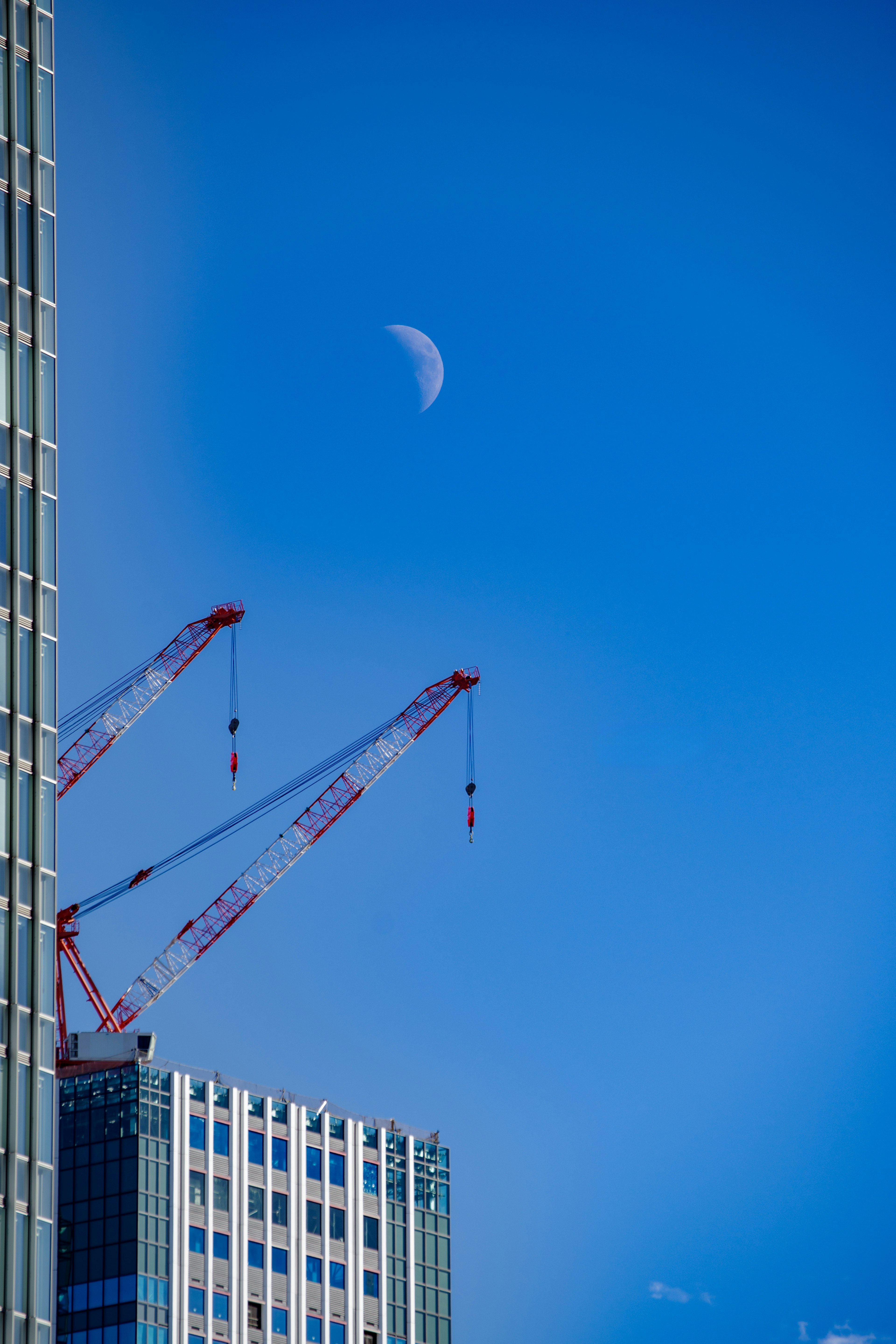 Kräne auf einer Baustelle unter einem blauen Himmel mit einem Halbmond