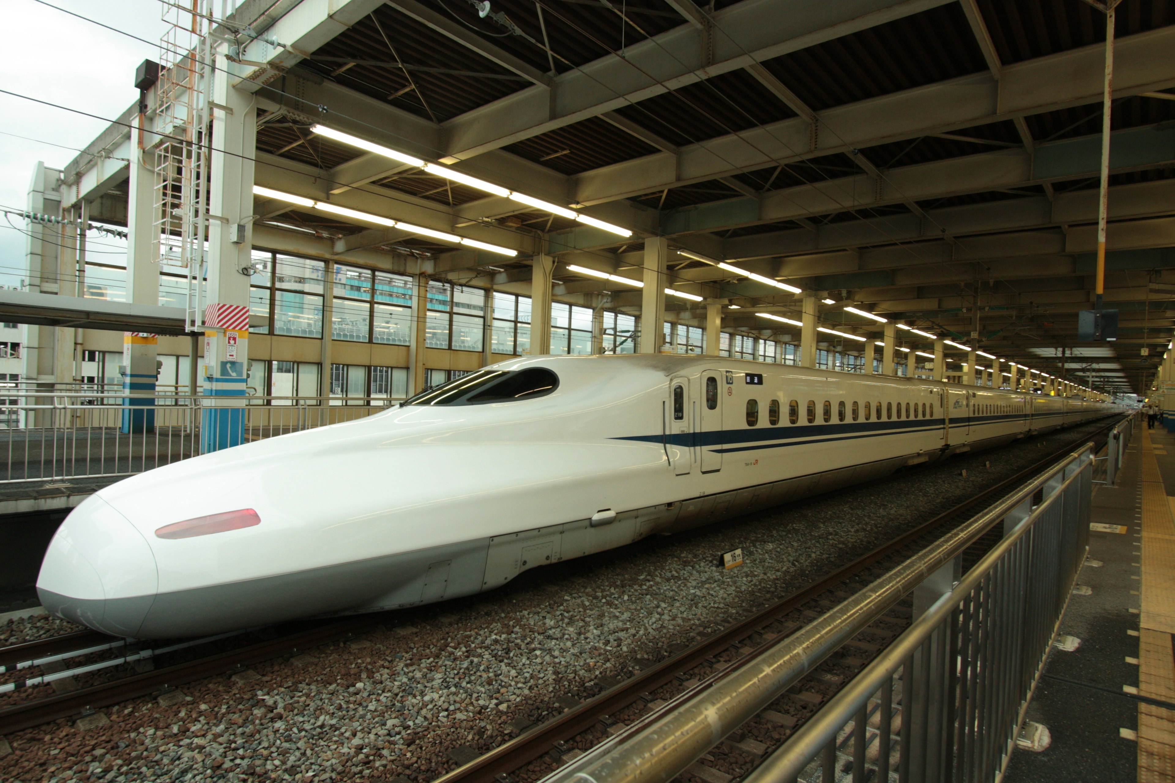 Shinkansen parked at a station showcasing the station's structure