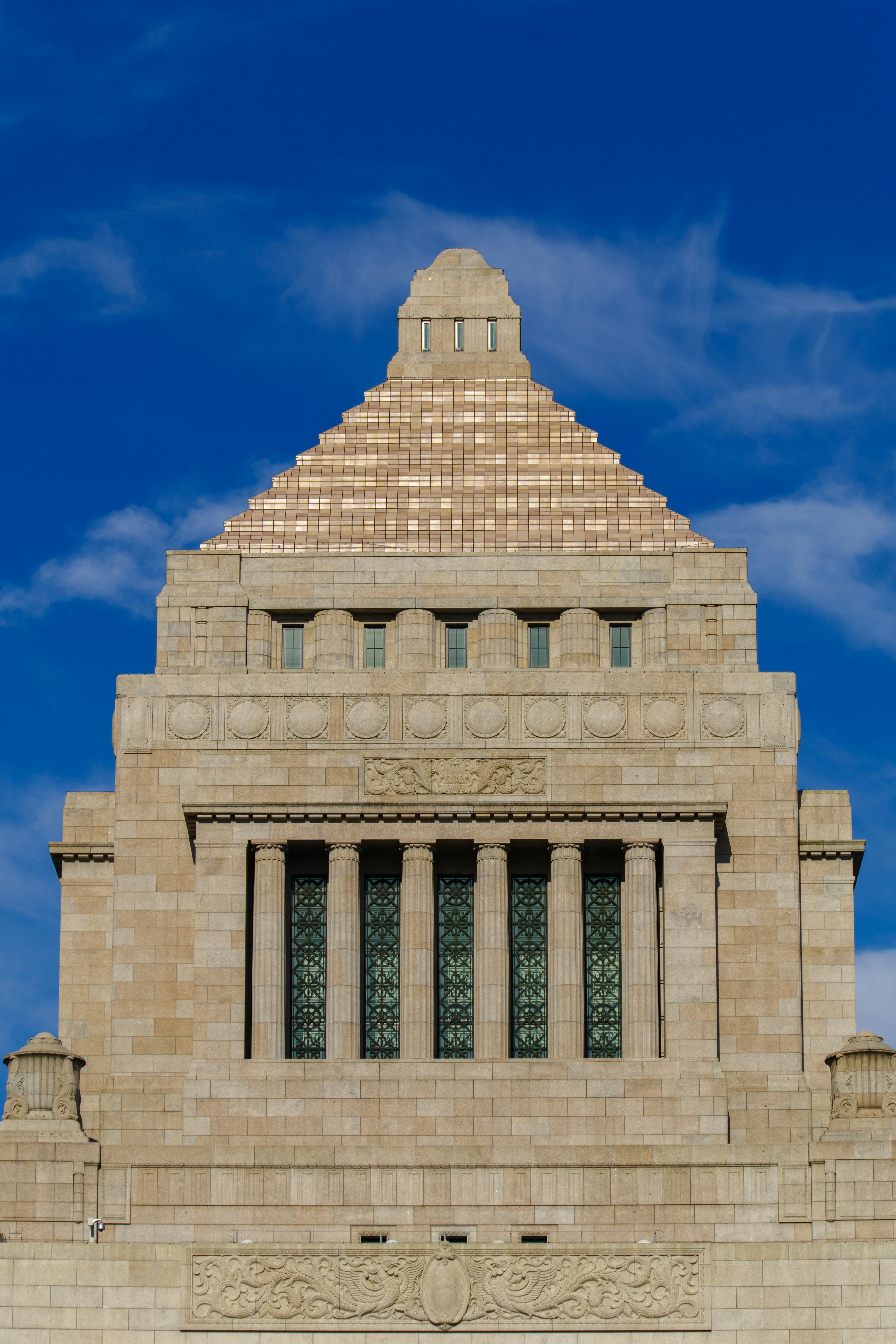 Detailed view of the upper part of the National Diet Building in Japan