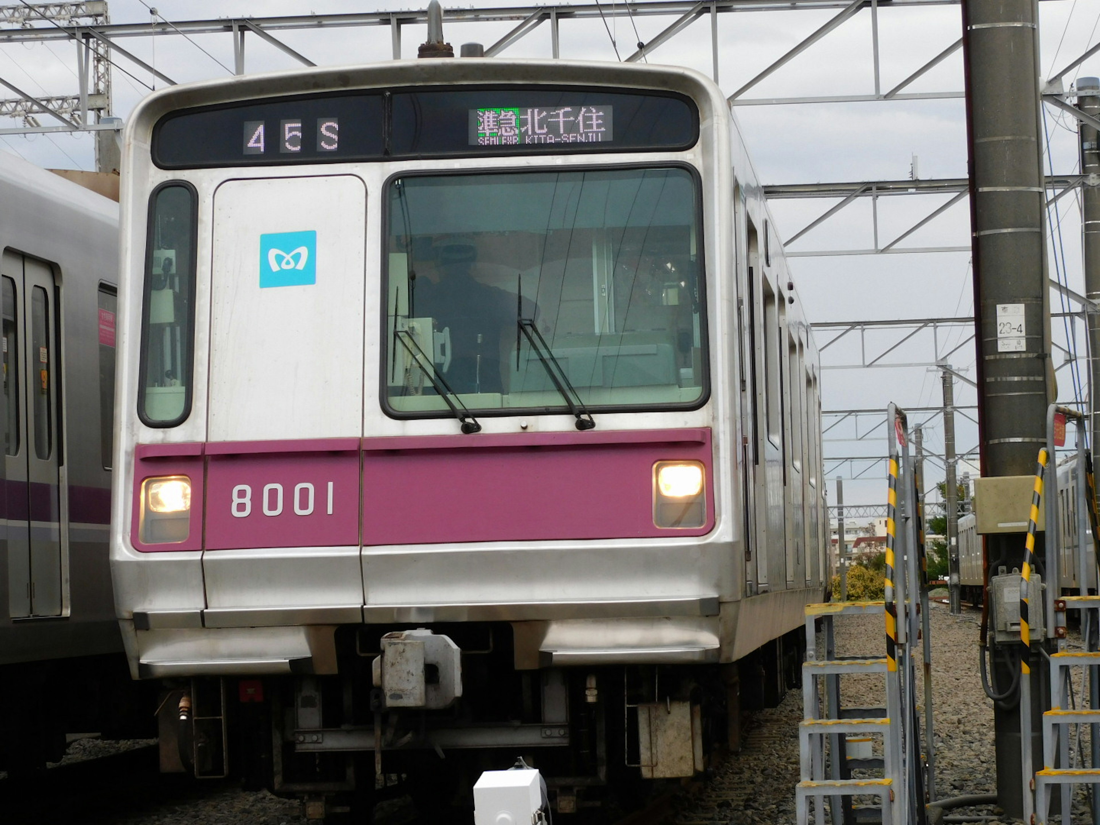 Un treno bianco e viola fermo sui binari