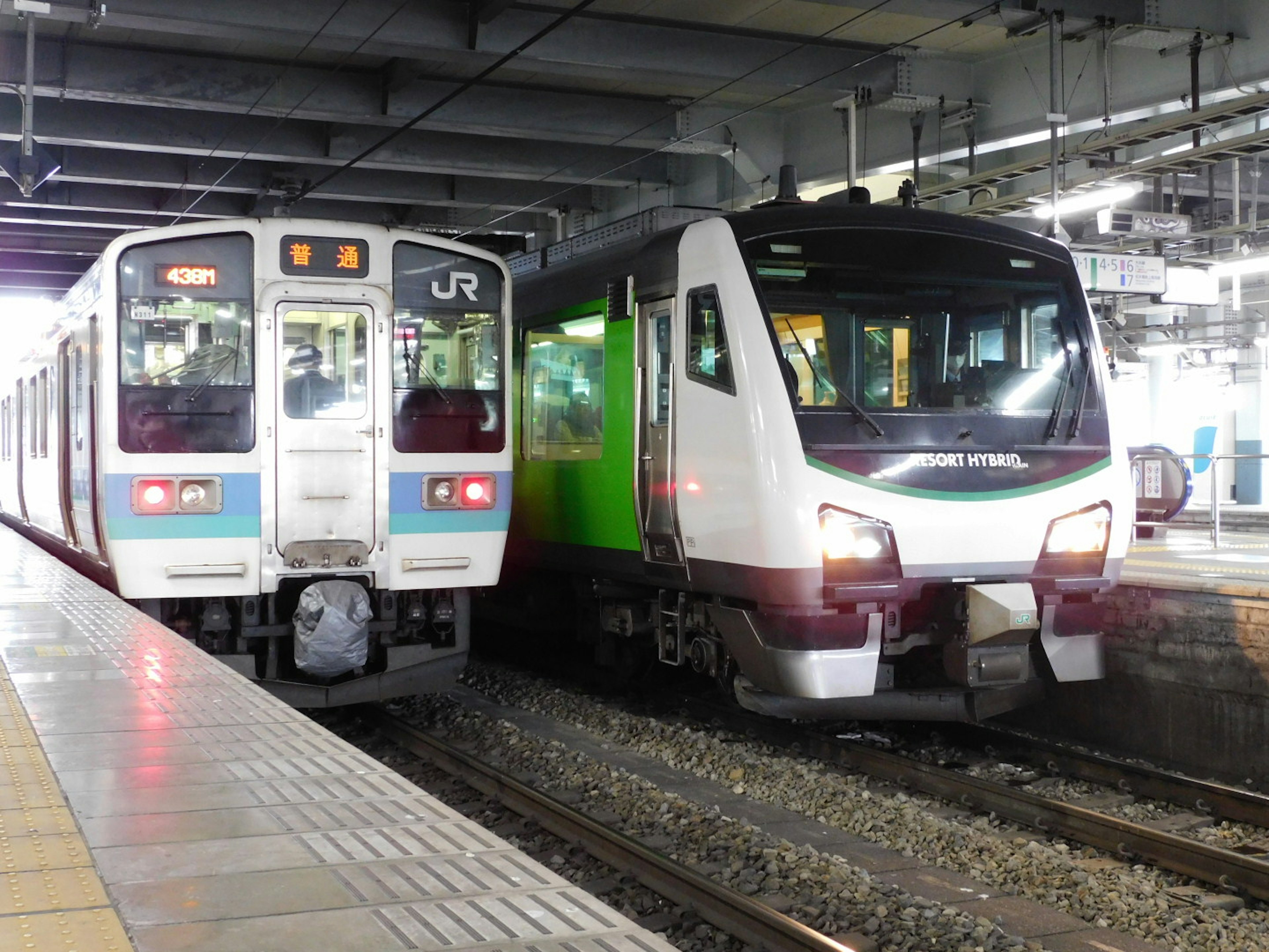 二つの列車が駅のプラットフォームに停車中