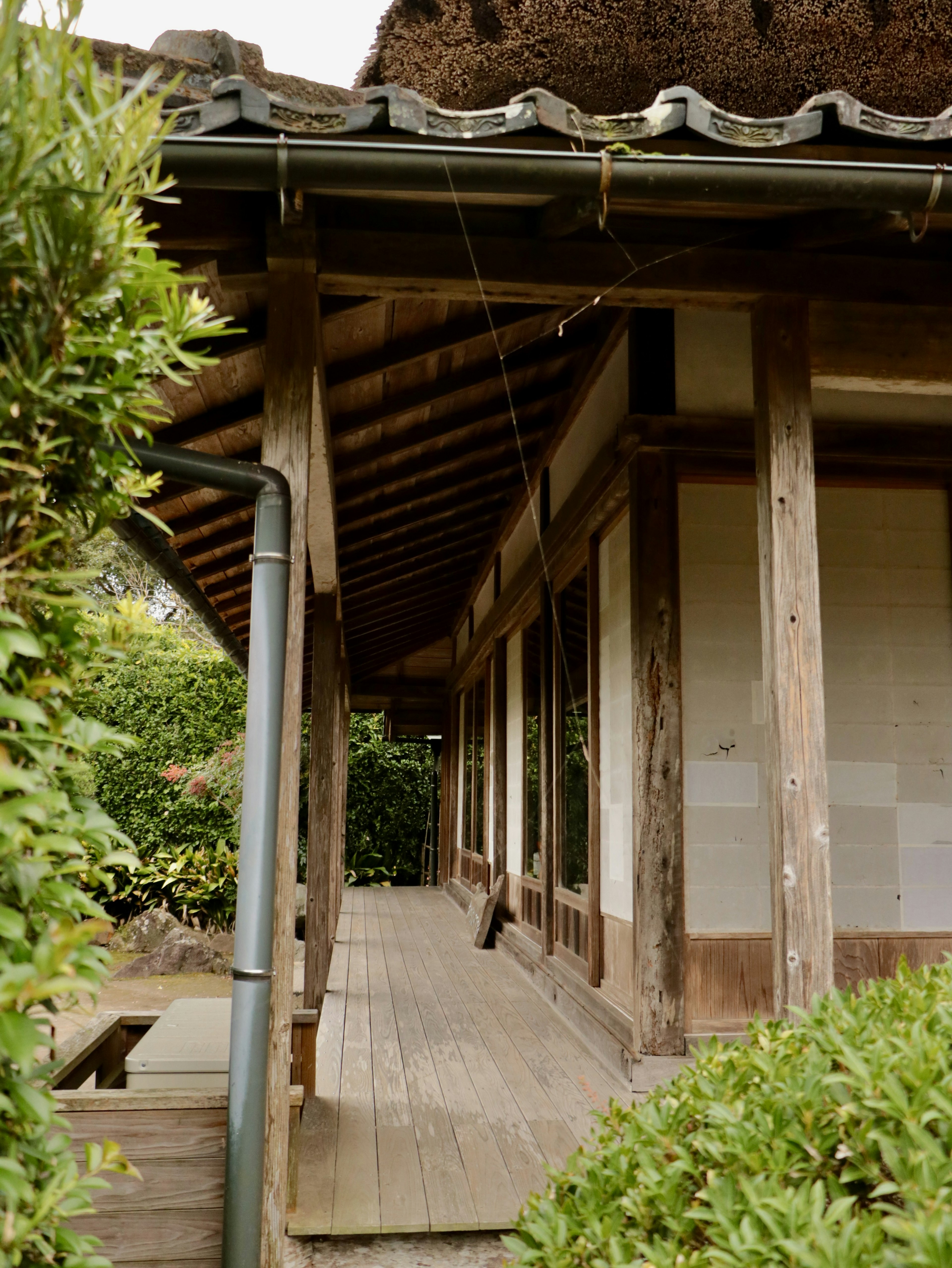 Außenansicht eines traditionellen japanischen Hauses umgeben von Grün mit einer Holzterrasse