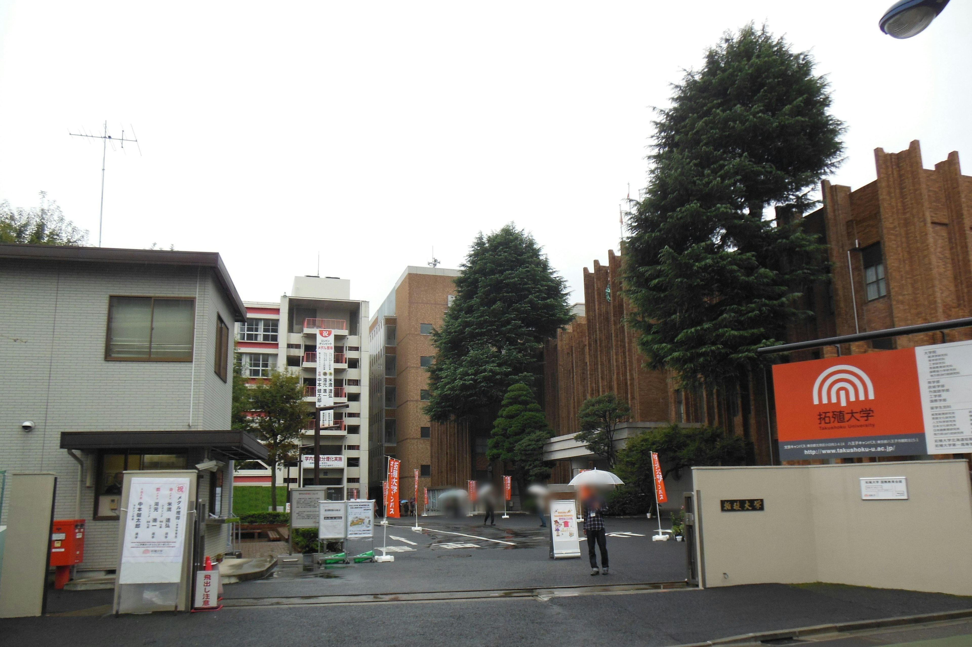 Vista di strada con alberi edifici e cartelli