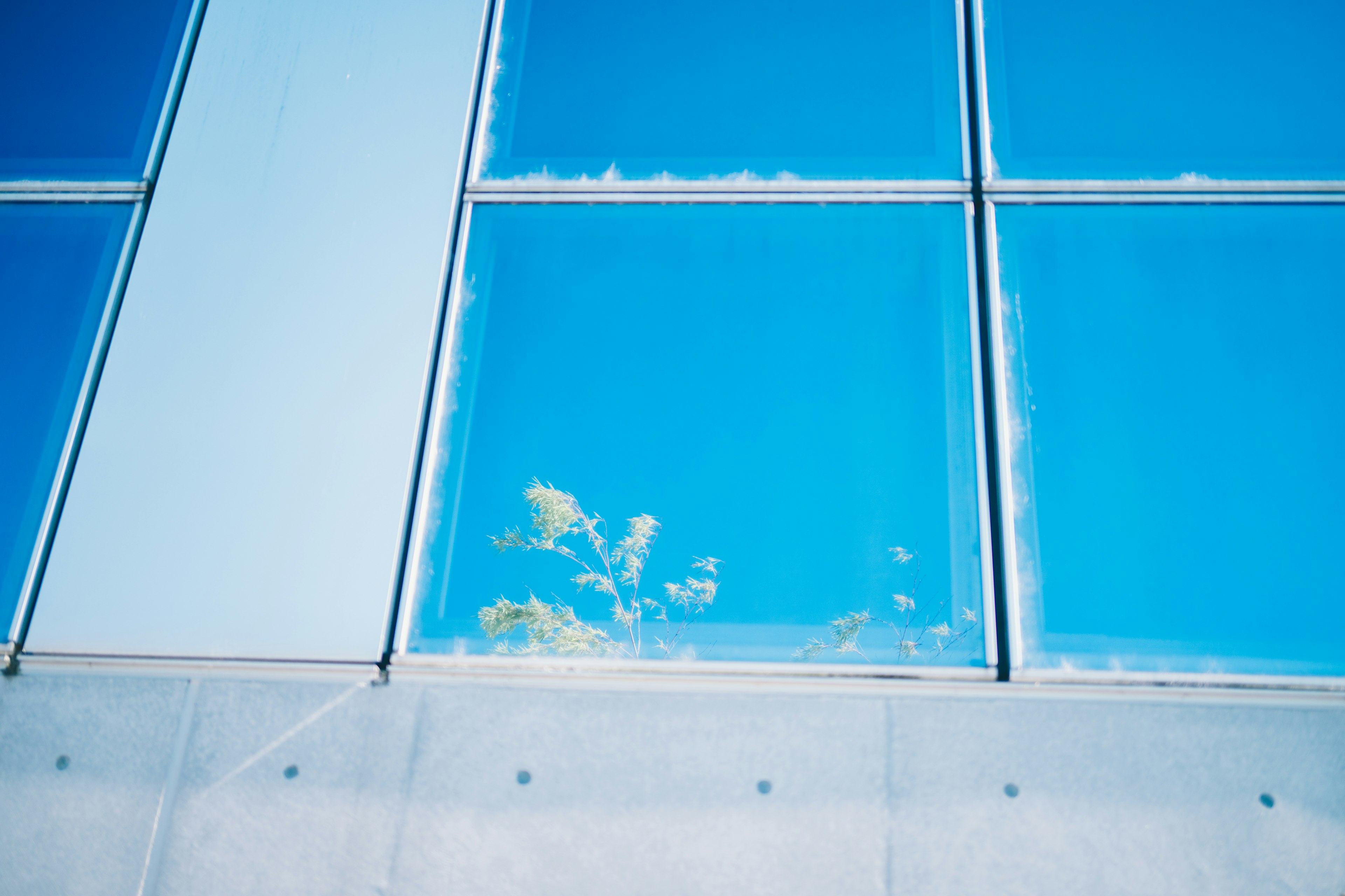 Fenêtres d'un bâtiment moderne reflétant le ciel bleu avec une base en béton