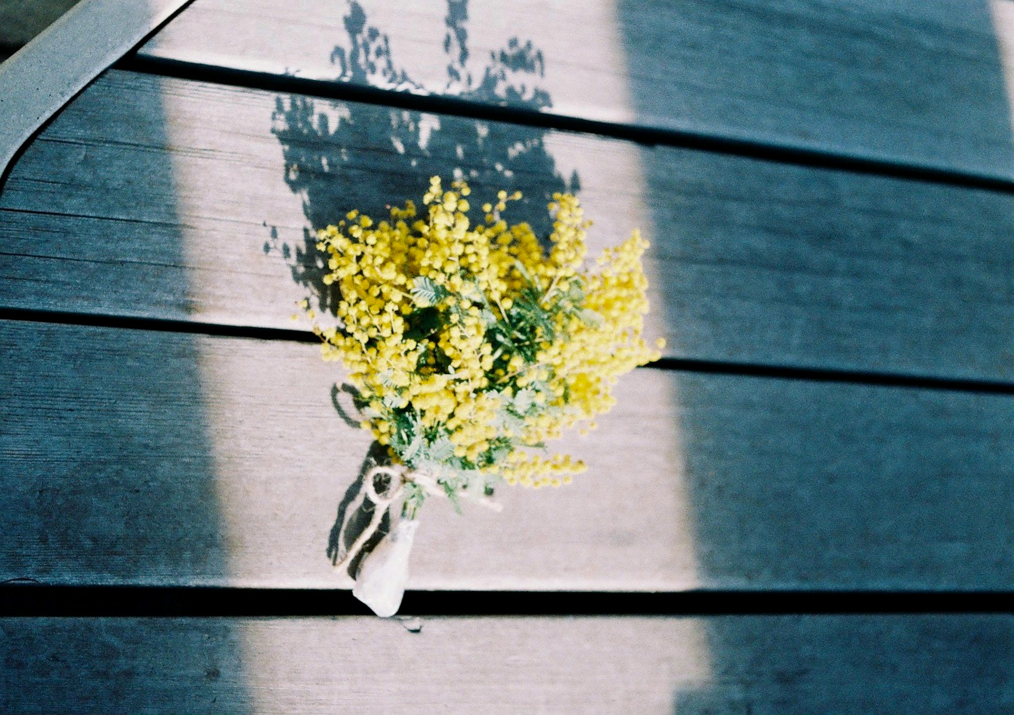 Un mazzo di fiori gialli su un tavolo di legno che proietta un'ombra