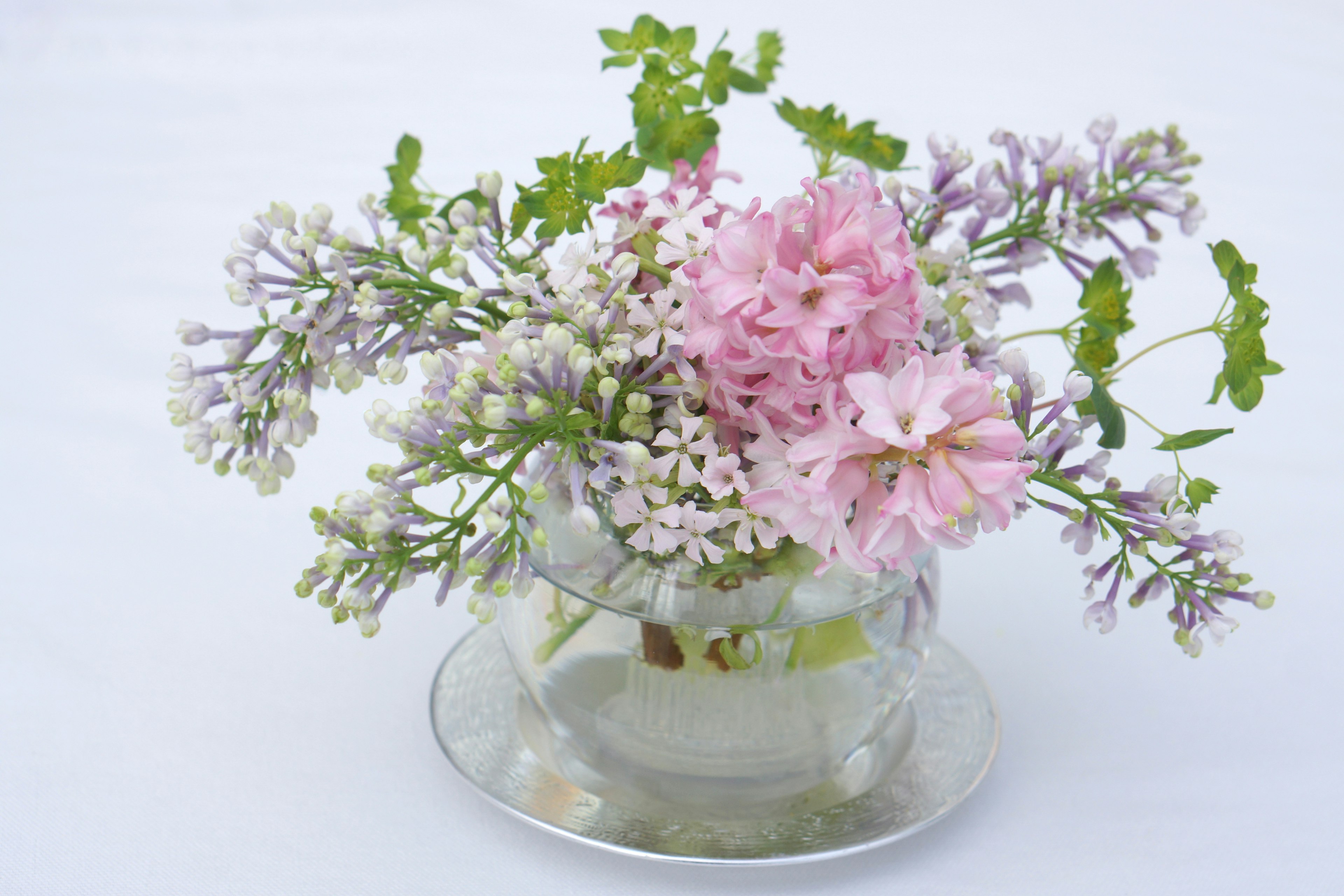 Un jarrón transparente con flores rosas y moradas