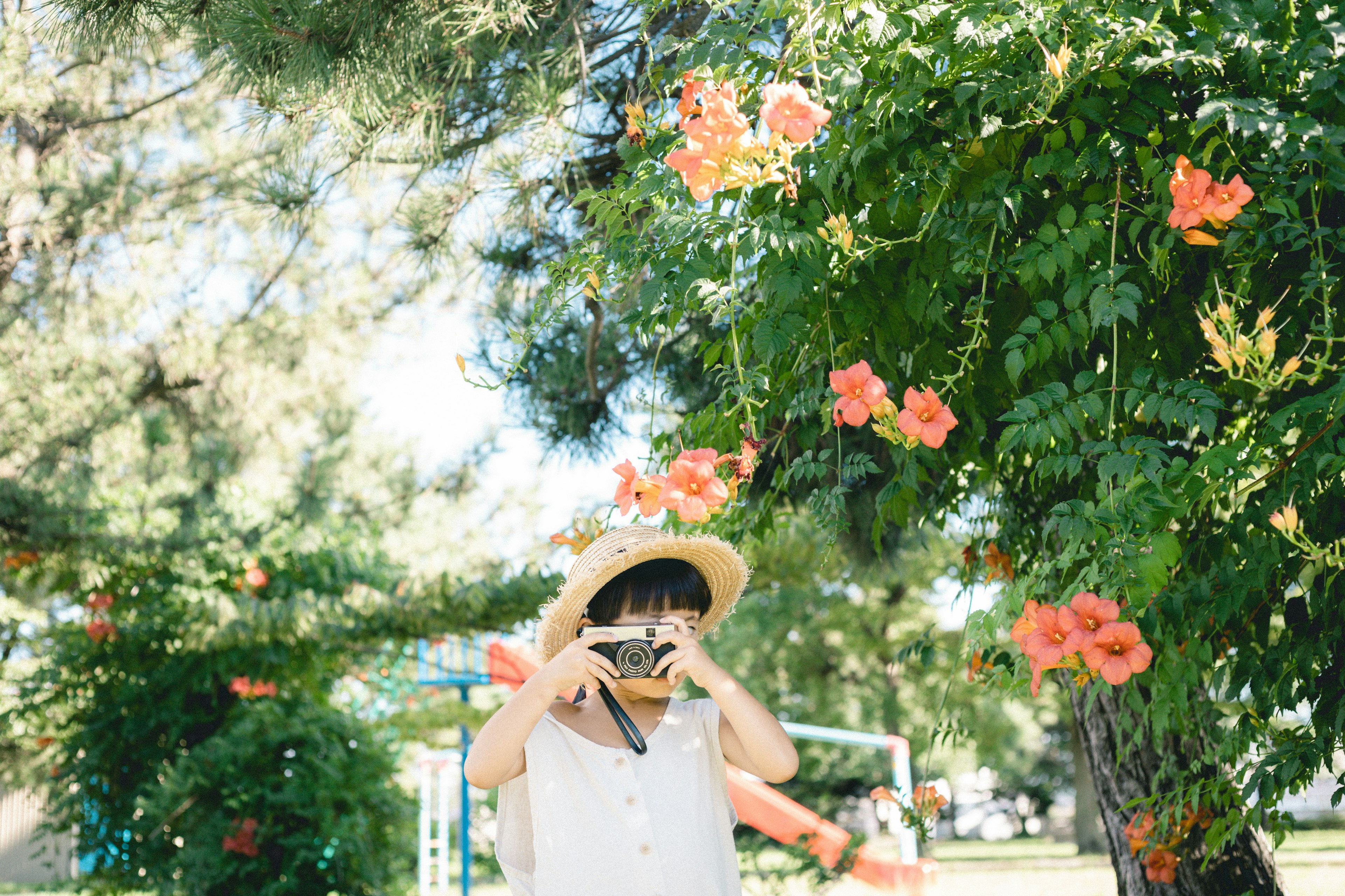 Woman holding a musical instrument among flowers