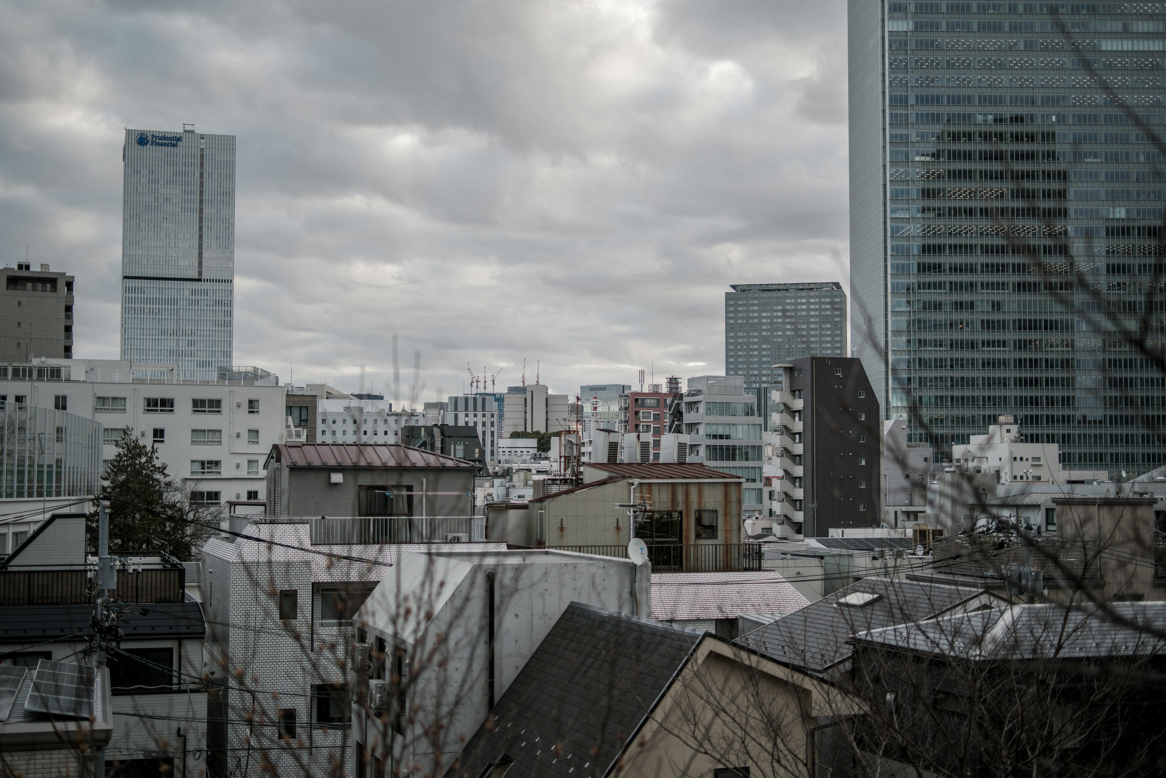 東京城市風景，展示建築和住宅區，陰天