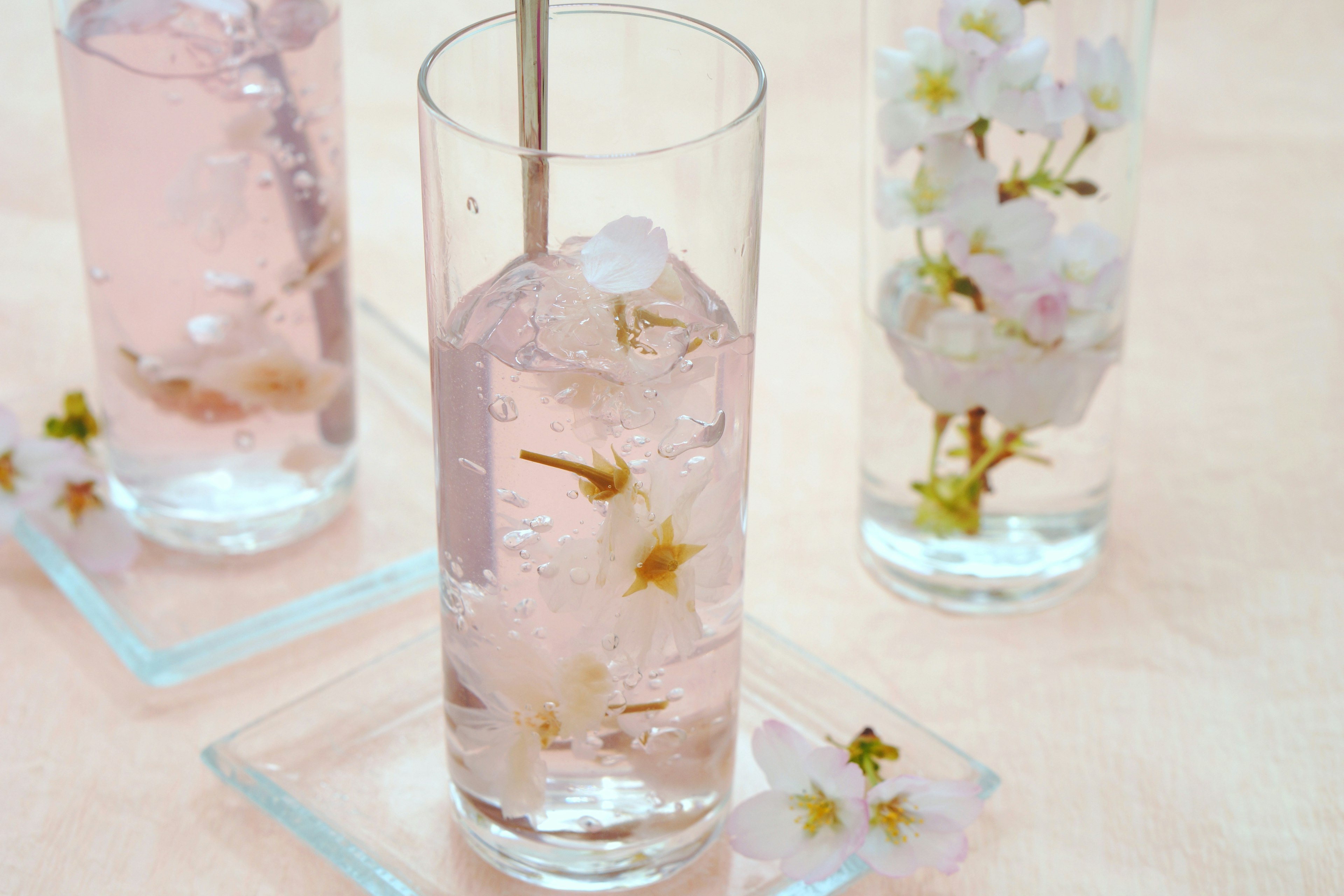 A glass filled with pink drink featuring floating cherry blossoms