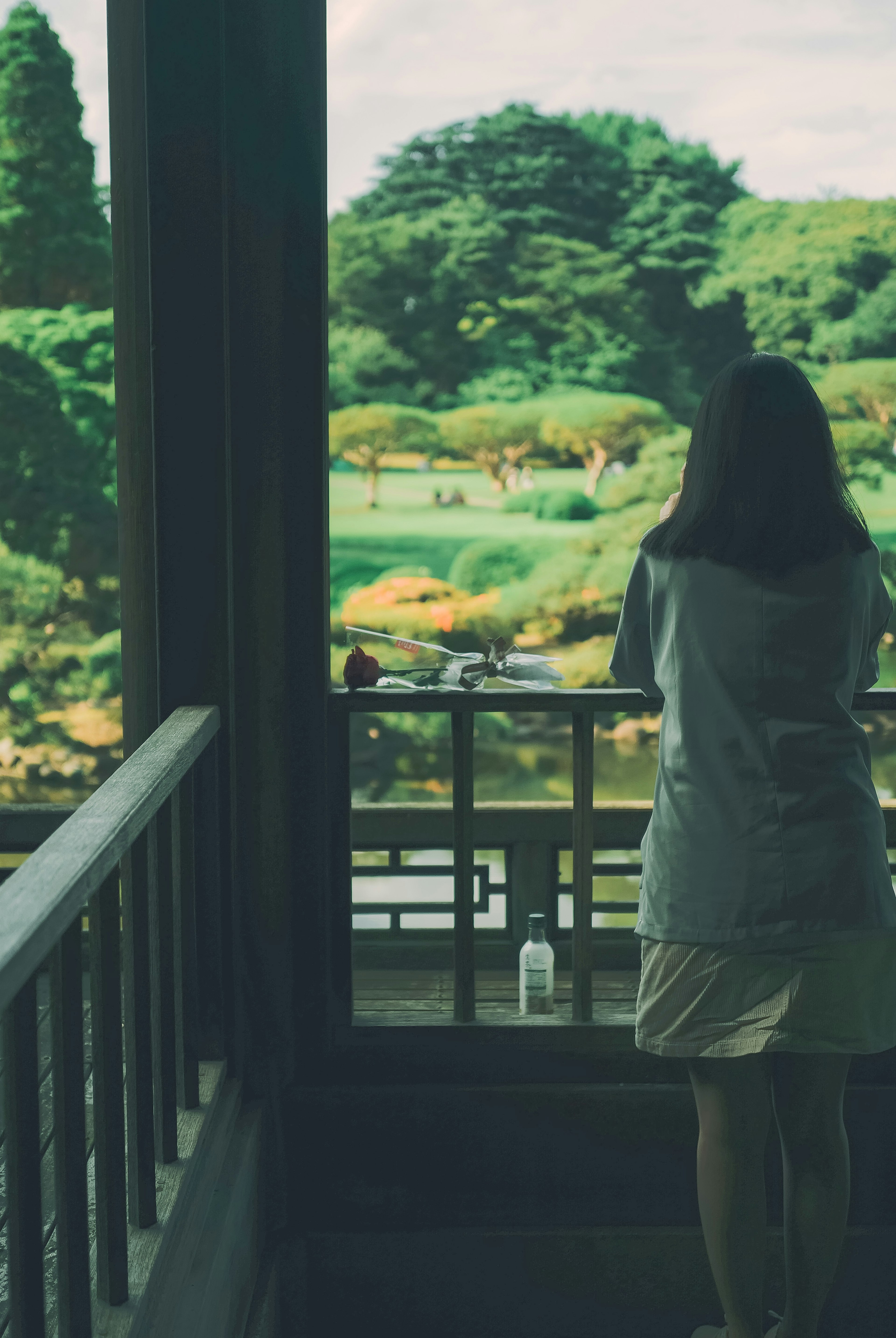 緑豊かな庭園を眺める女性の後姿