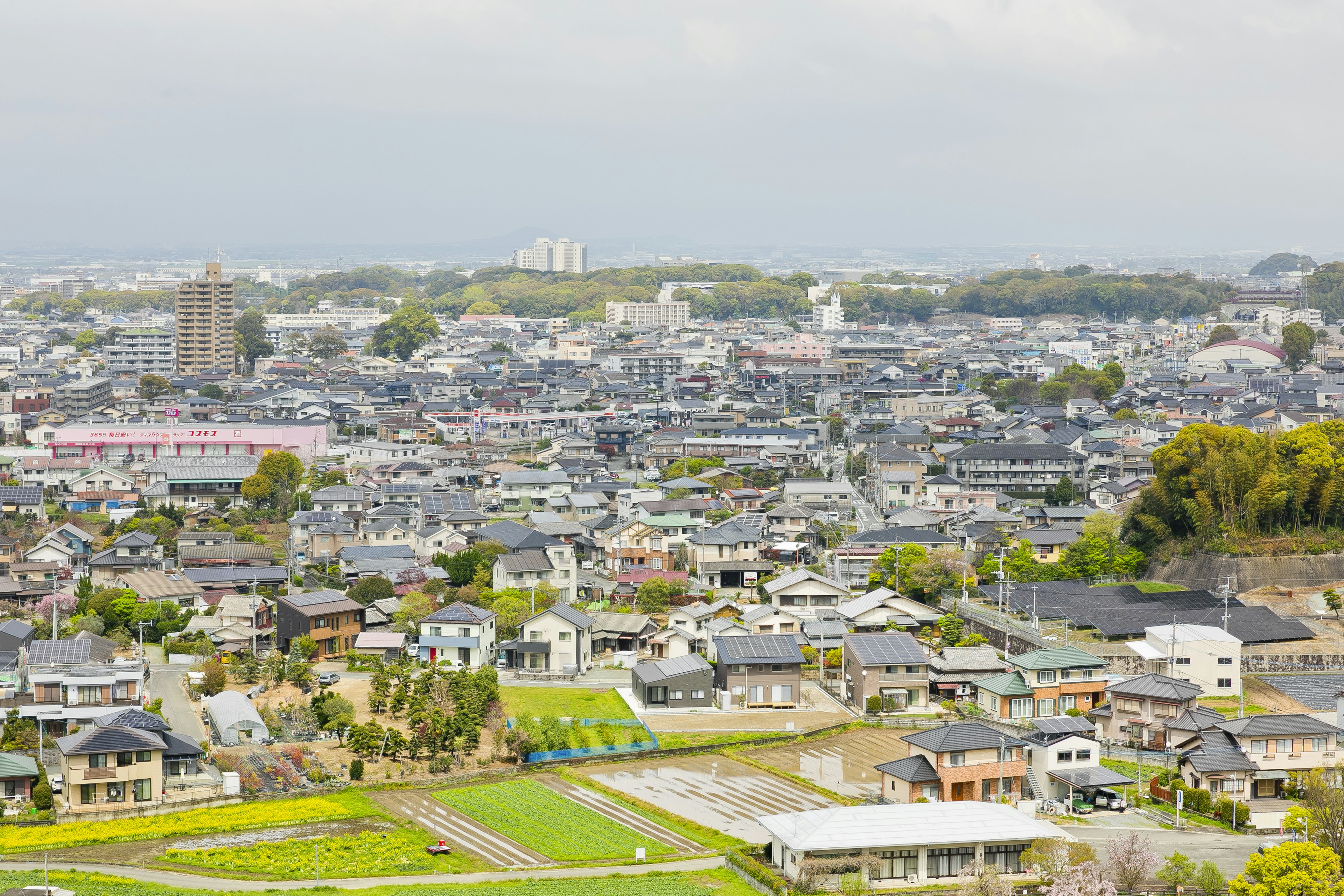 住宅地の広がりと緑のエリアが見える風景