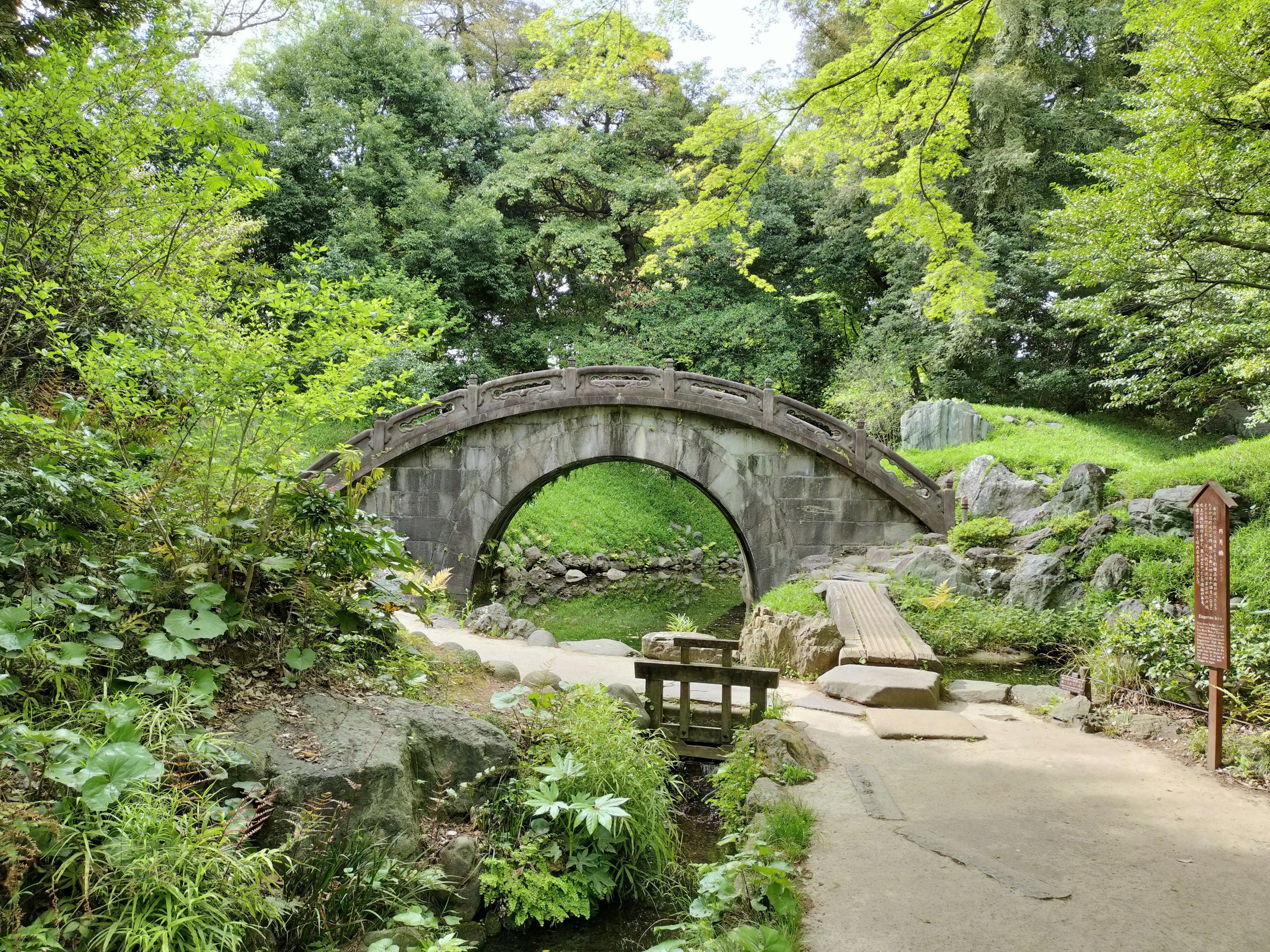 Ponte ad arco in pietra in un parco verdeggiante con un sentiero