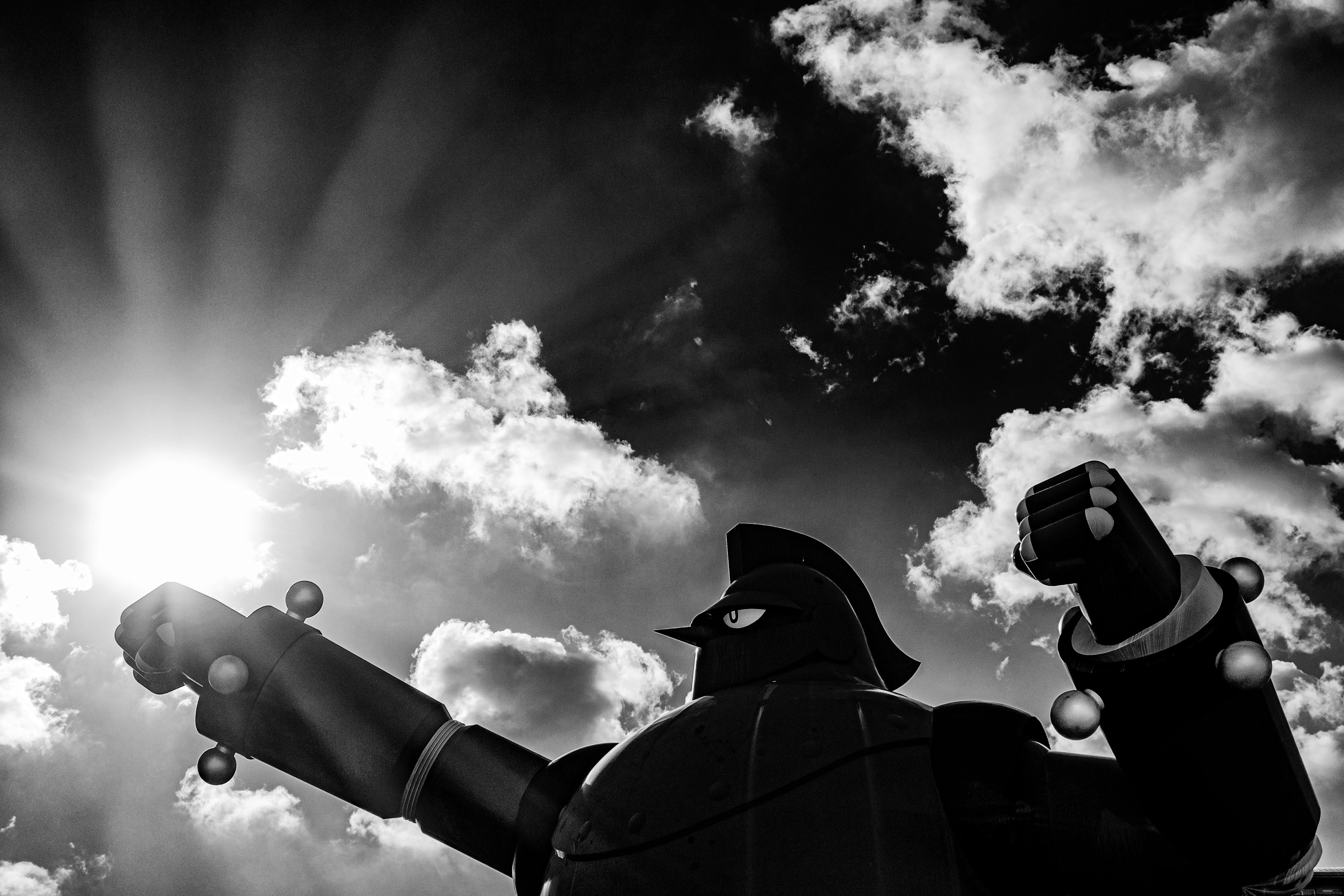 Silhouette of a robot against a black and white background basking in sunlight