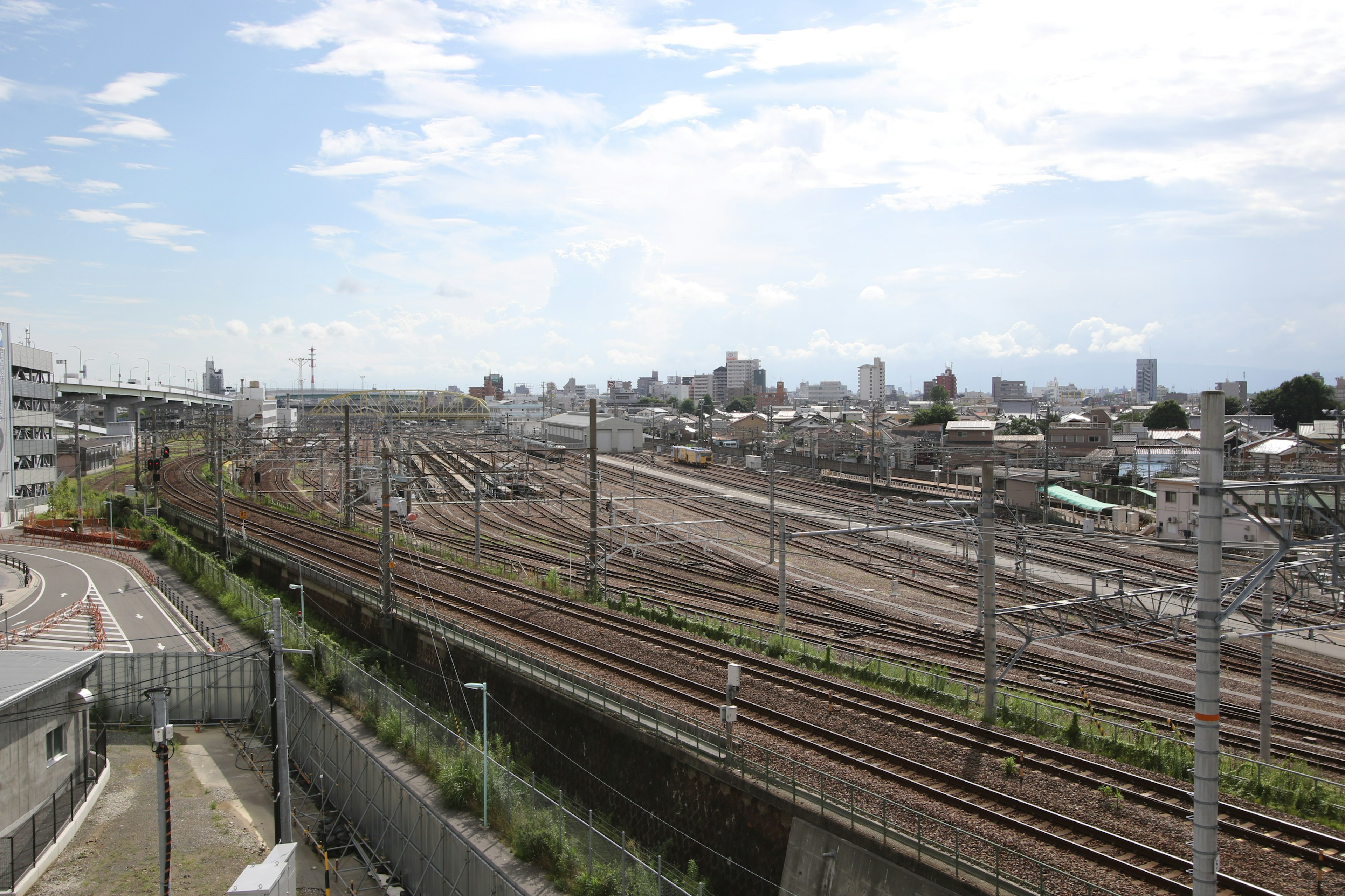 ภูมิทัศน์ทางรถไฟกว้างใหญ่พร้อมเส้นขอบฟ้าของเมือง