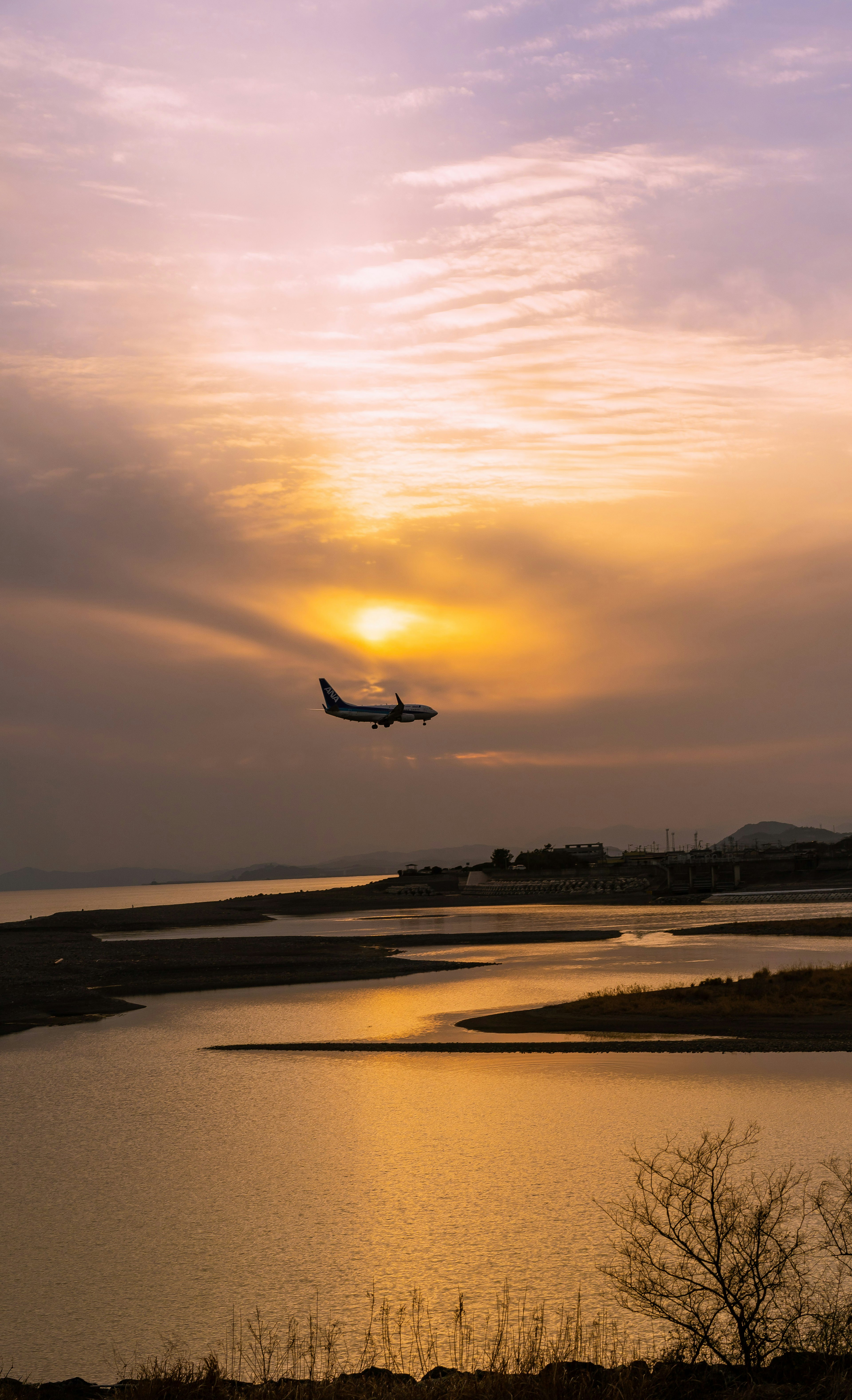 夕日を背景に飛ぶ飛行機と穏やかな水面が特徴的な風景