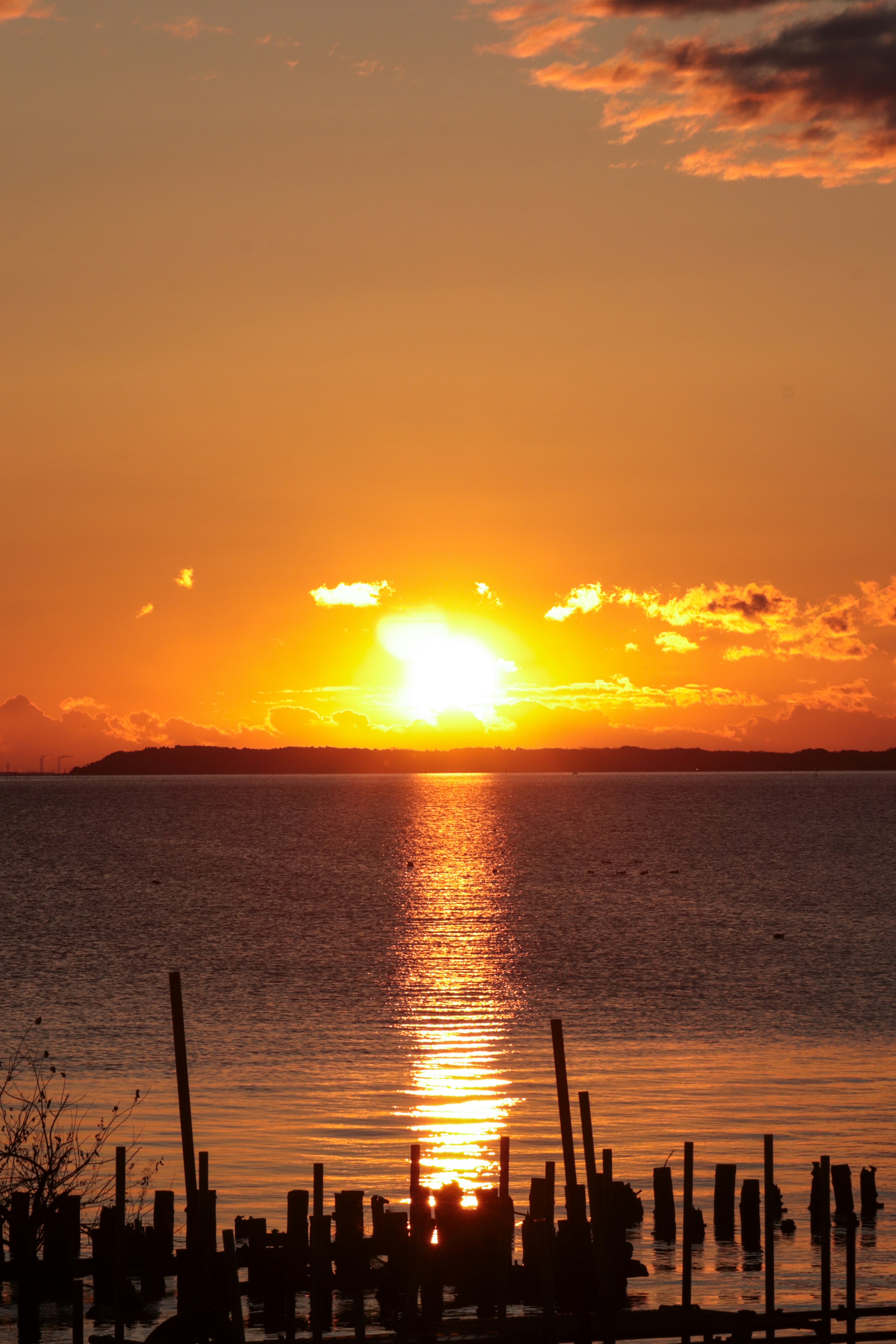 Tramonto che si riflette sull'acqua con un molo in silhouette