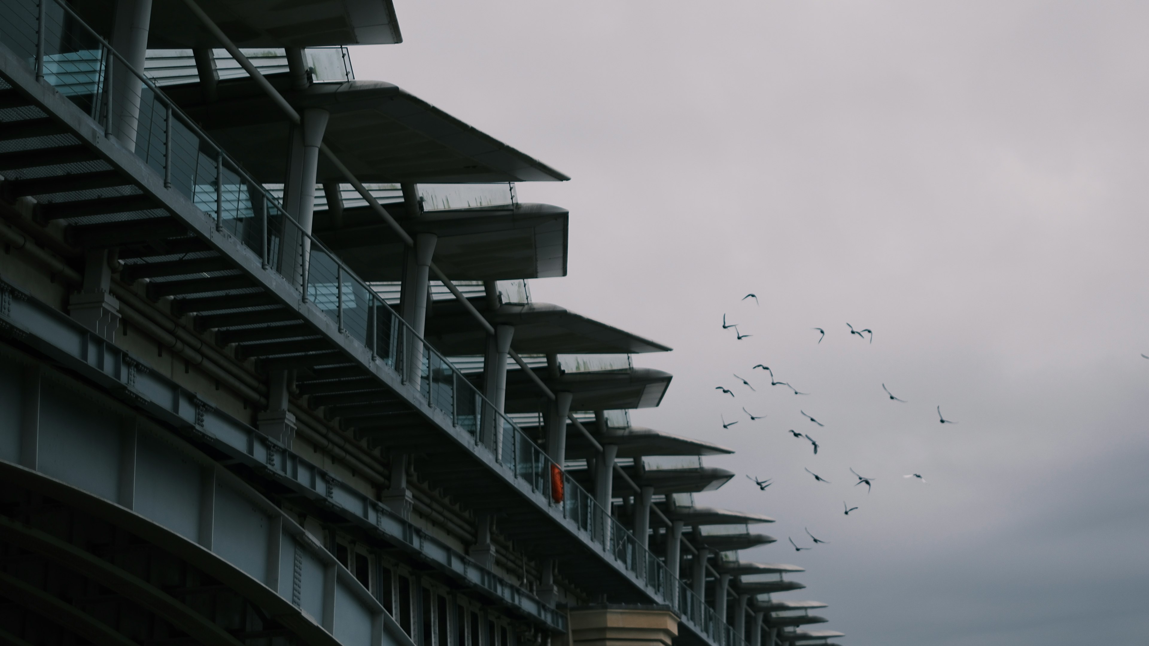 Modern building structure under a gray sky with flying birds