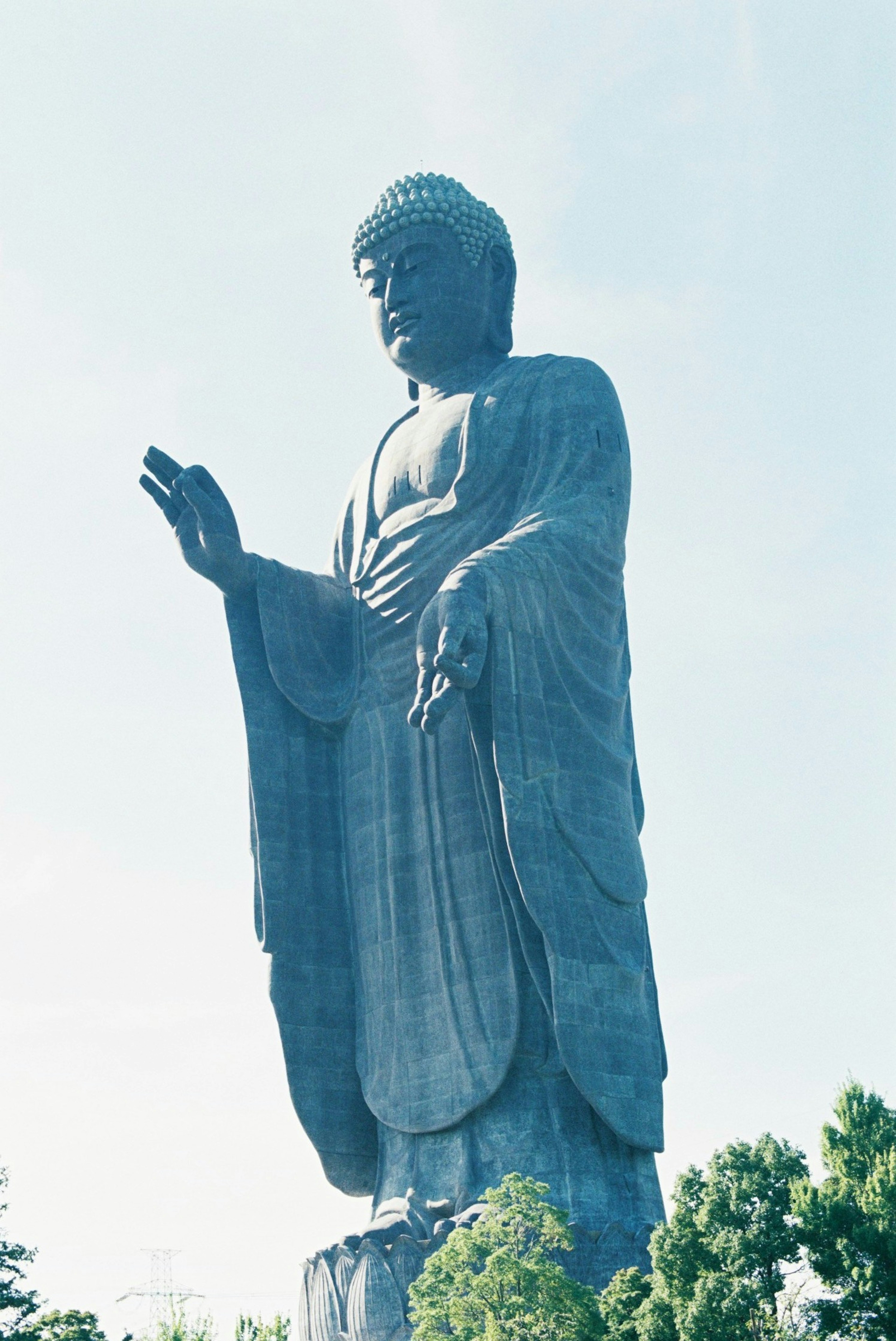 大きな仏像が立っている風景 空は青く木々が周りにある