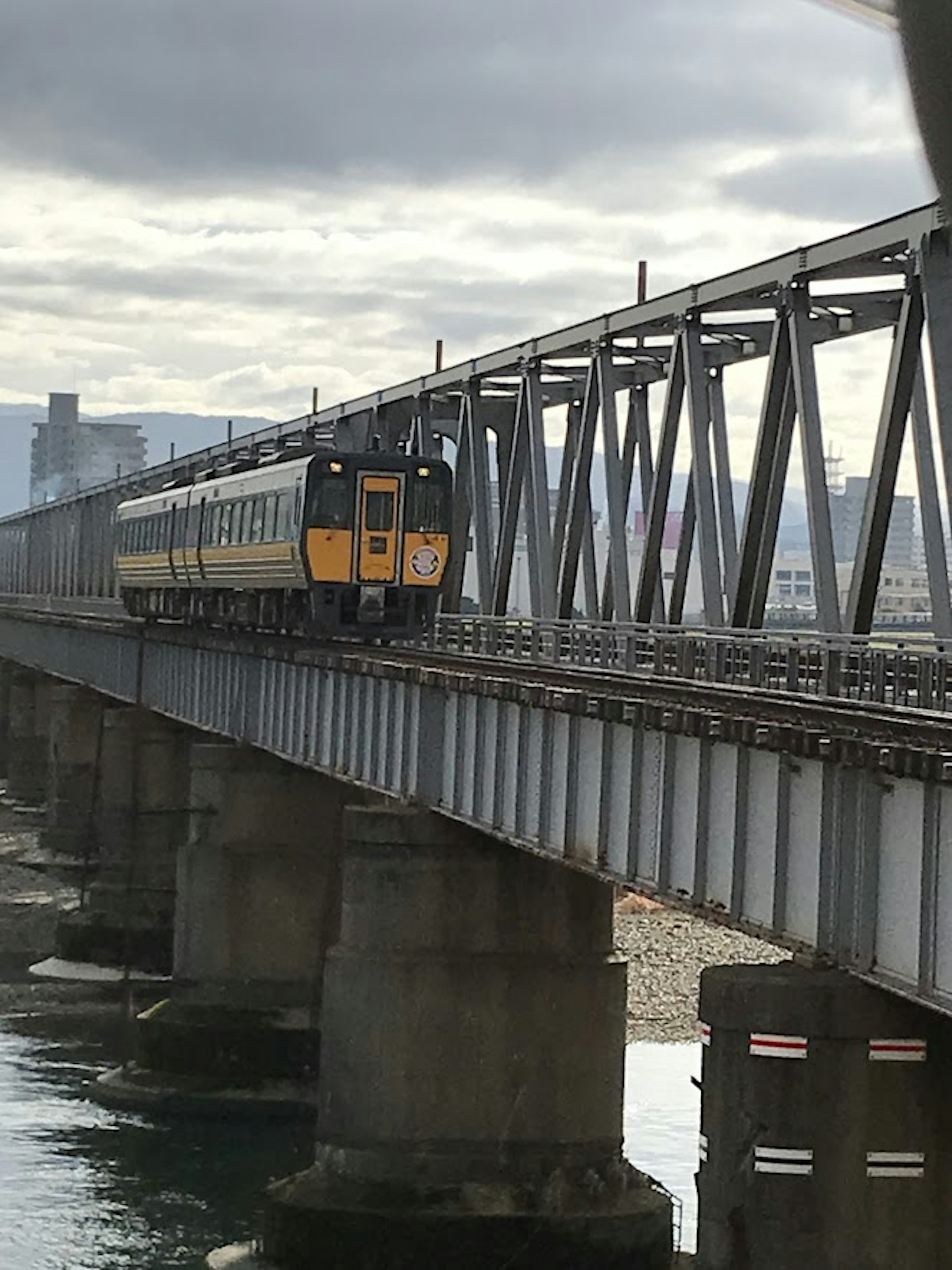 Zug überquert eine Stahlbrücke über Wasser mit einer Stadtsilhouette im Hintergrund