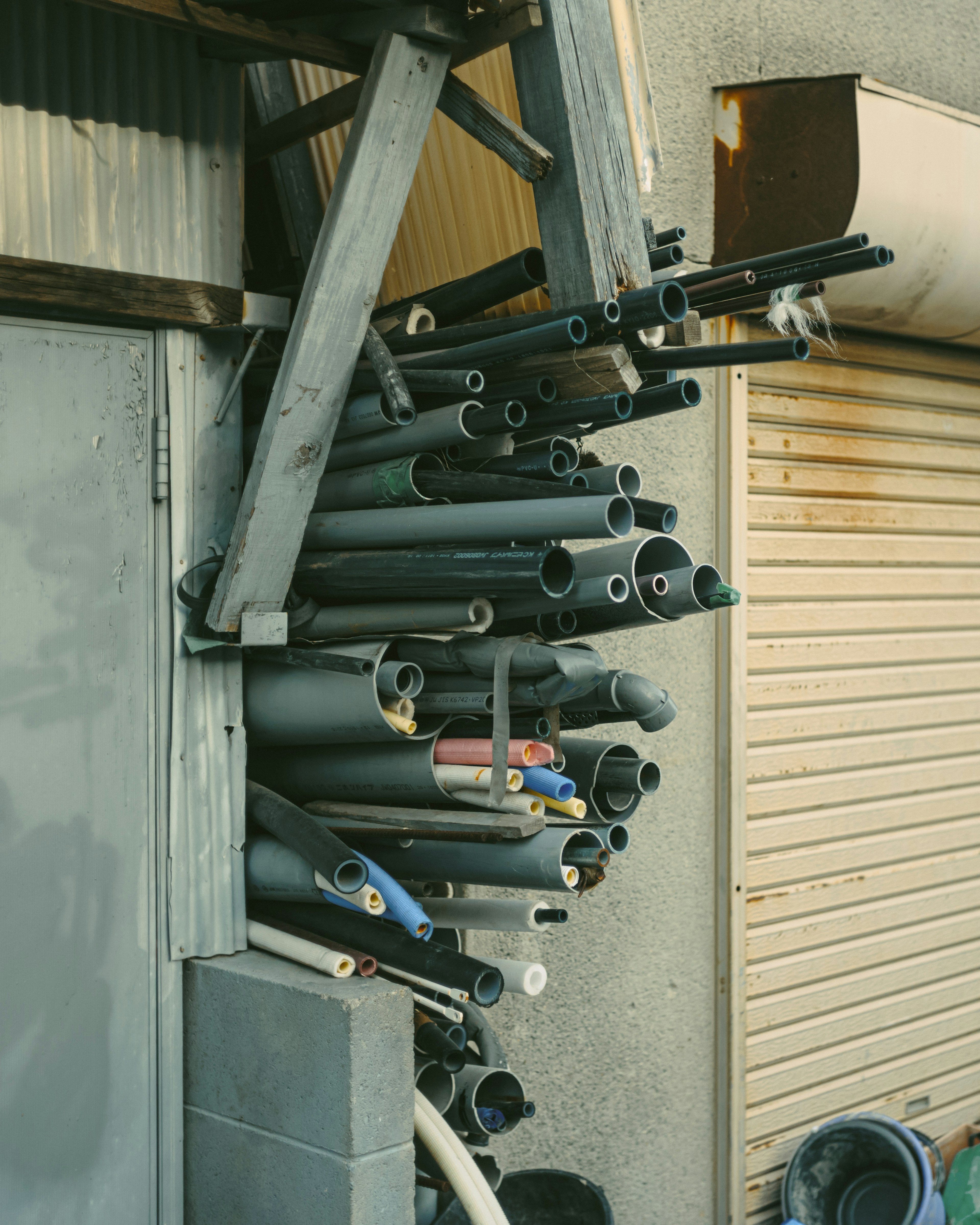 A stack of black pipes and fittings leaning against a building wall