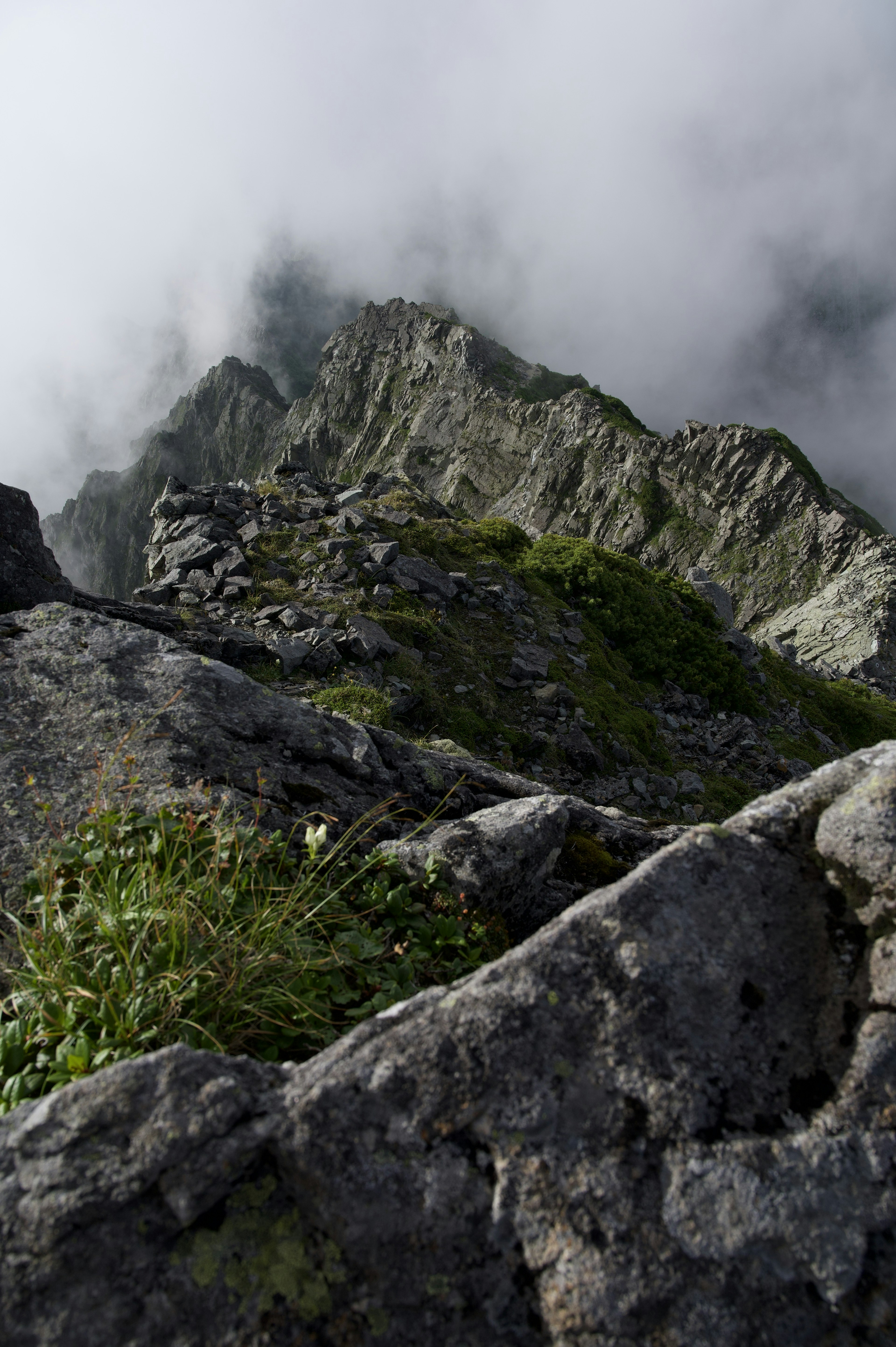 Cima di montagna avvolta nella nebbia con terreno roccioso