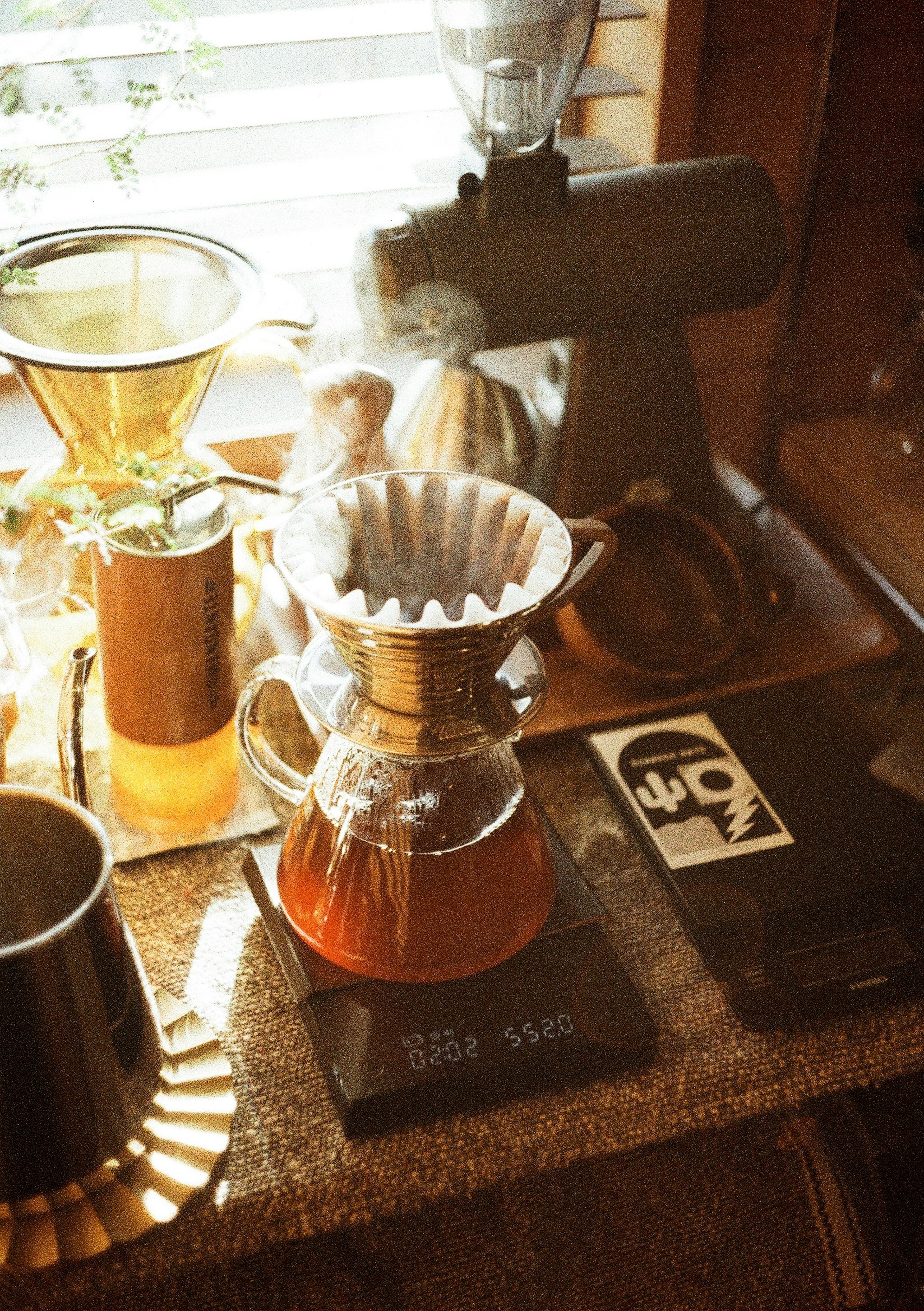 Coffee brewing setup with a dripper and brewed coffee on a countertop