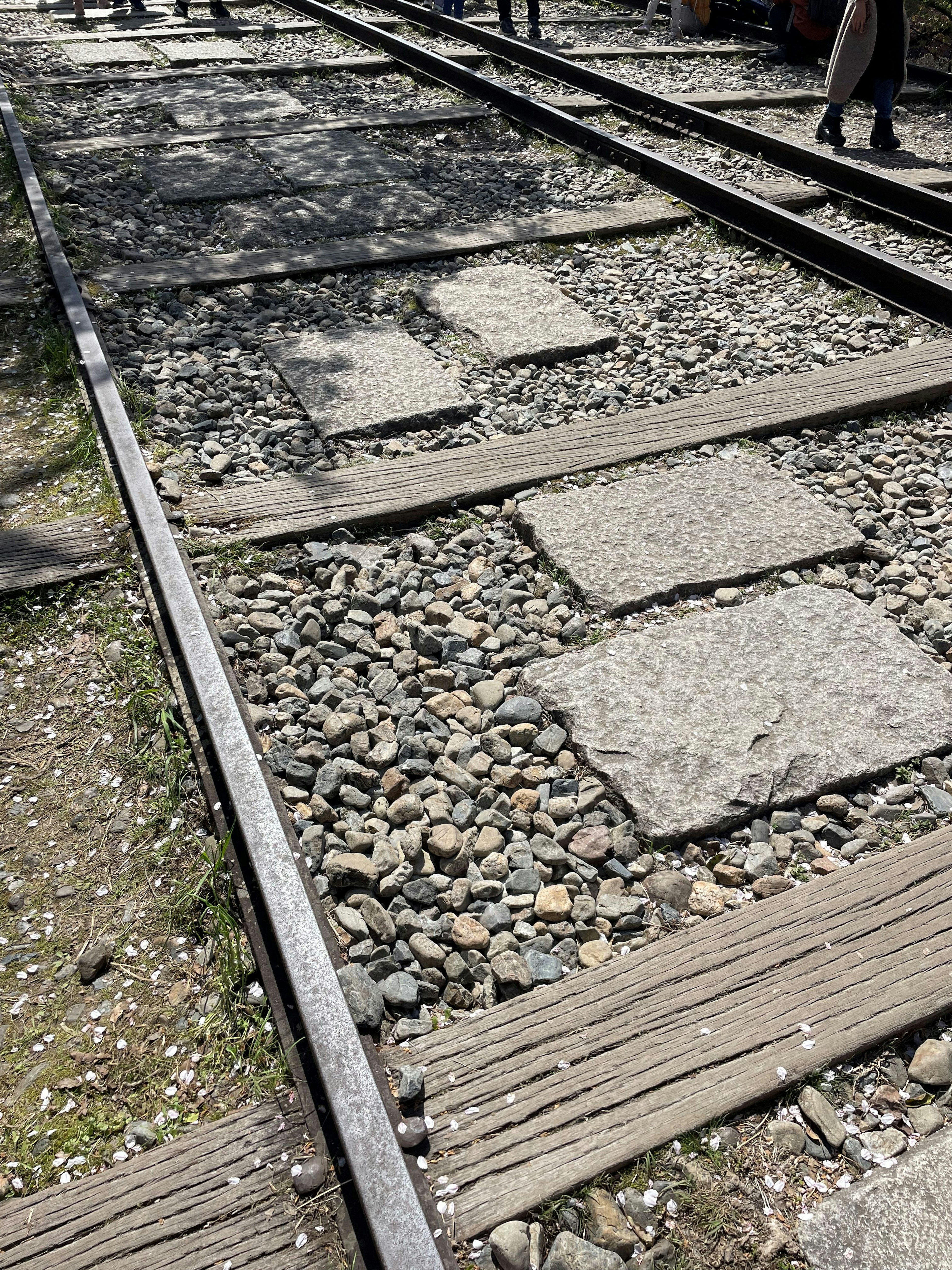 Foto rel kereta api dengan batu dan papan kayu