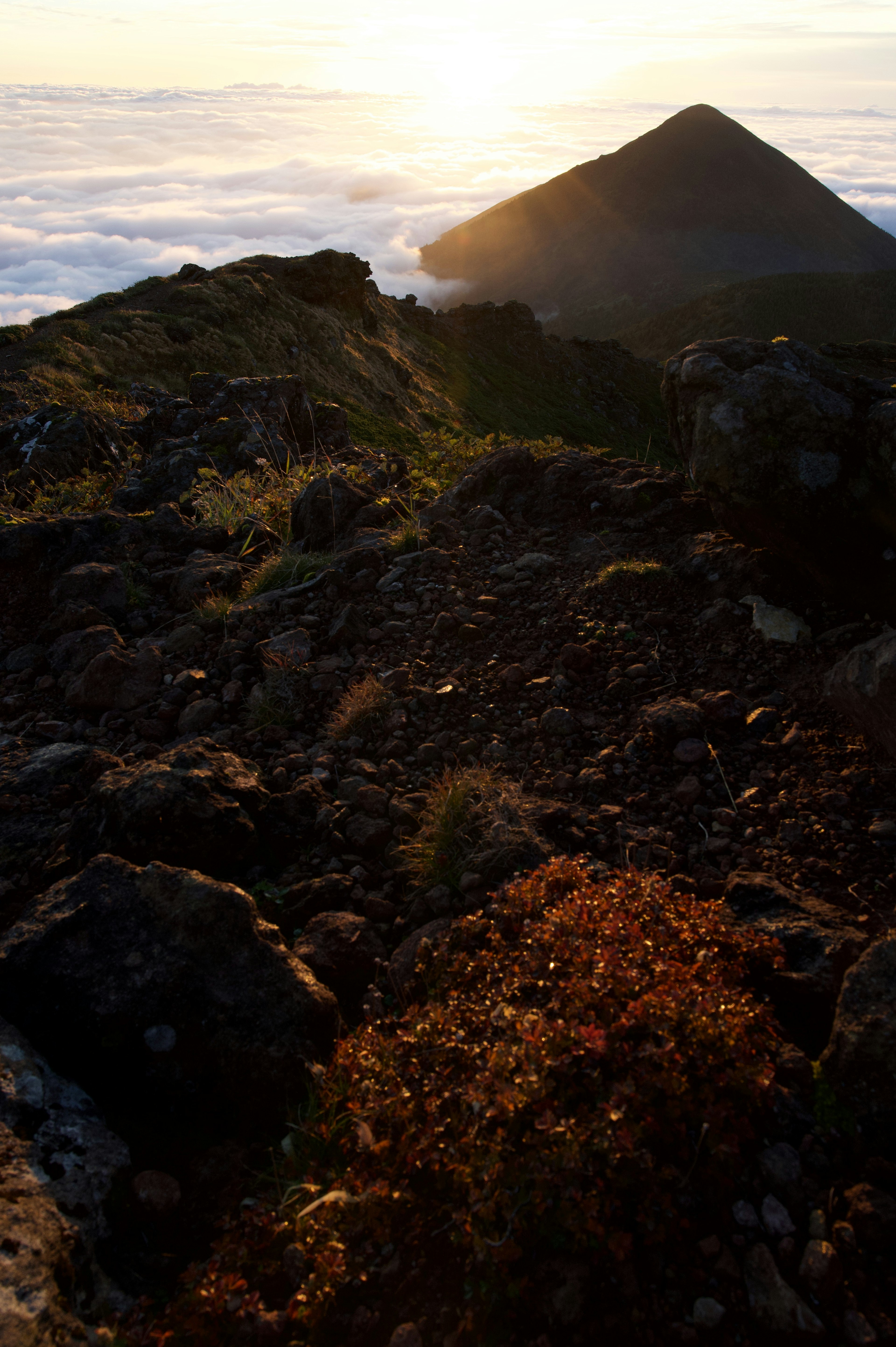 Atardecer iluminando un paisaje montañoso con un mar de nubes