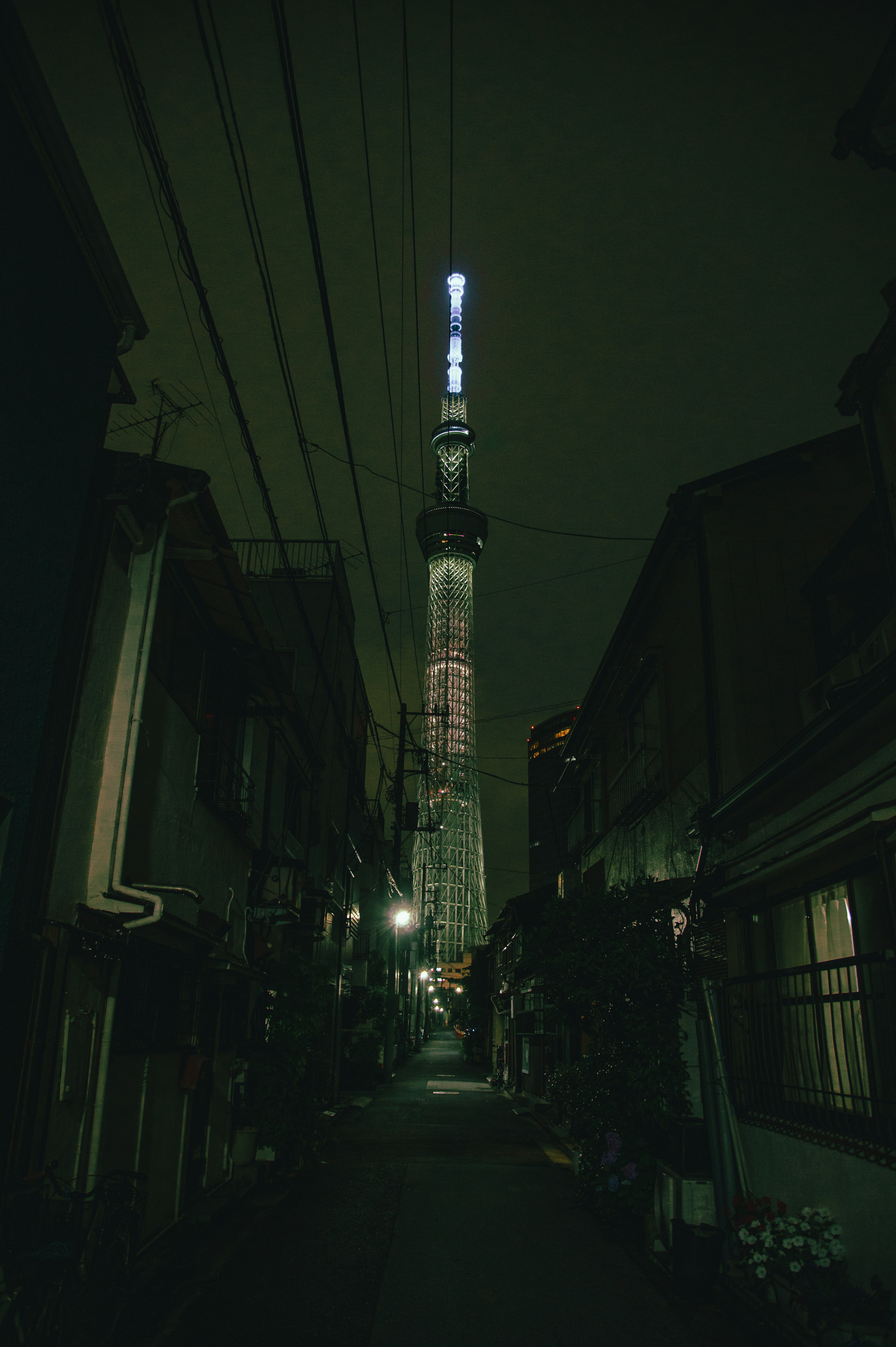 Tokyo Skytree towering over a narrow alley at night