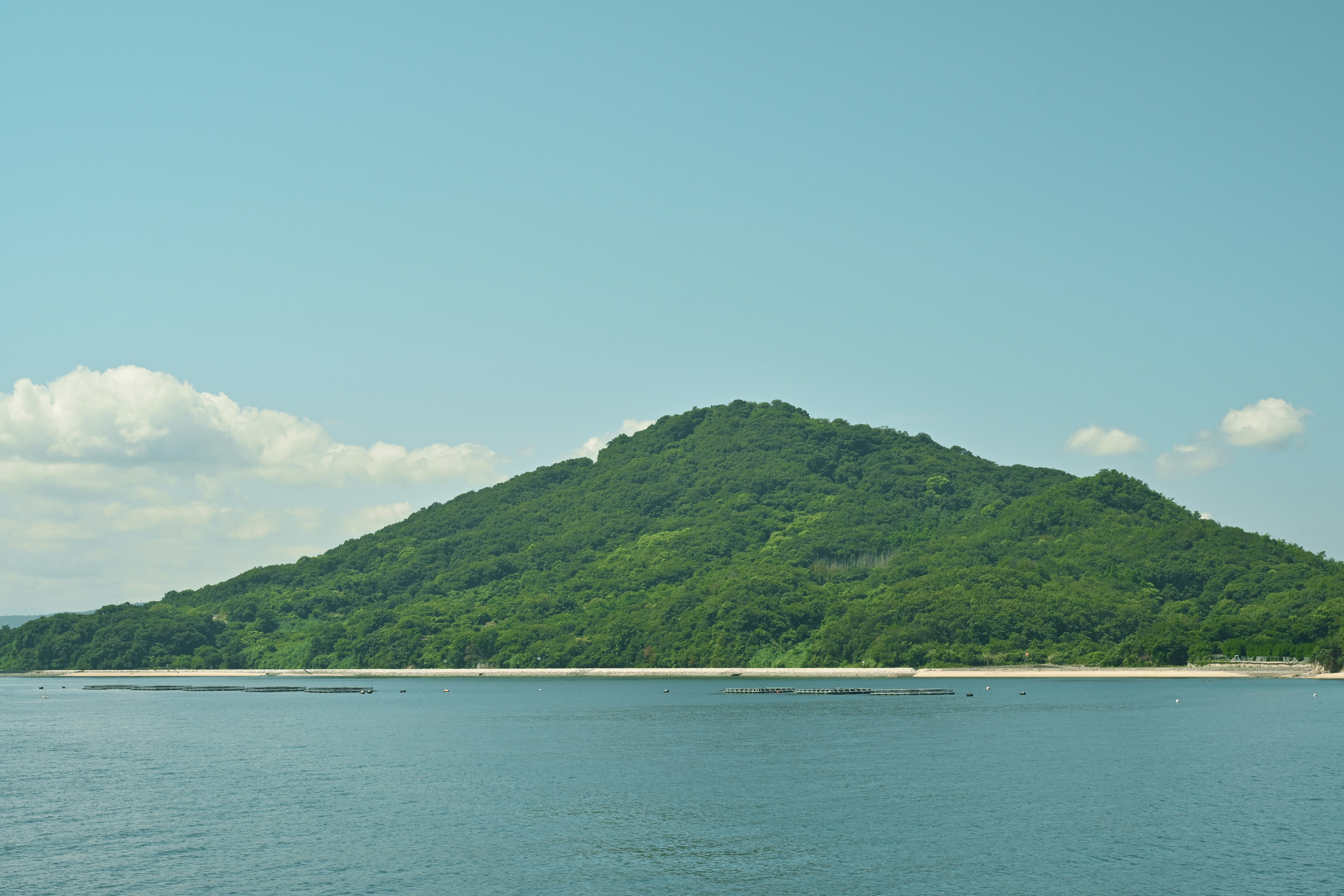 Eine kleine grüne Insel, die in einem blauen Meer schwimmt