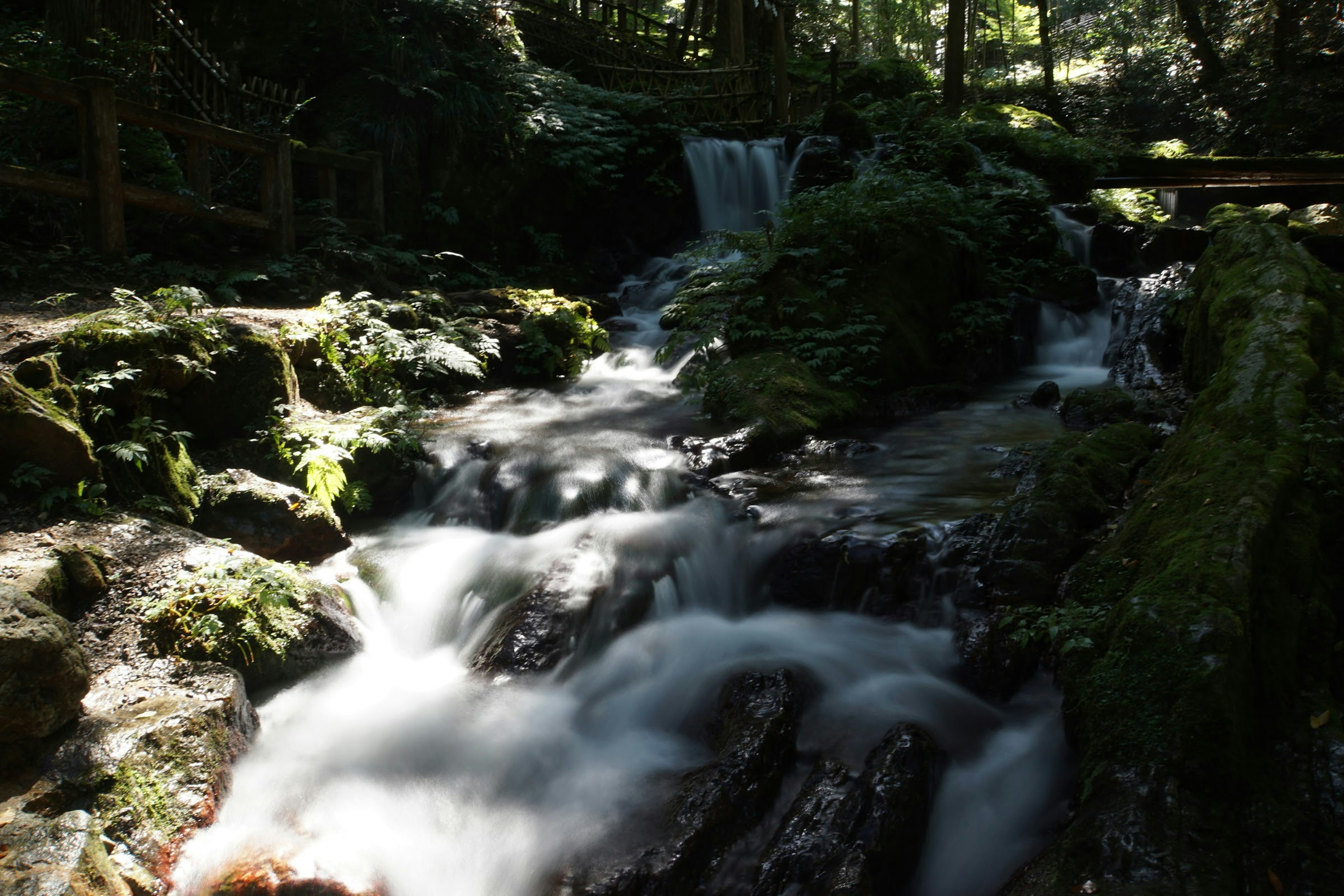 Pemandangan indah dengan air terjun dan aliran air dikelilingi oleh pepohonan hijau