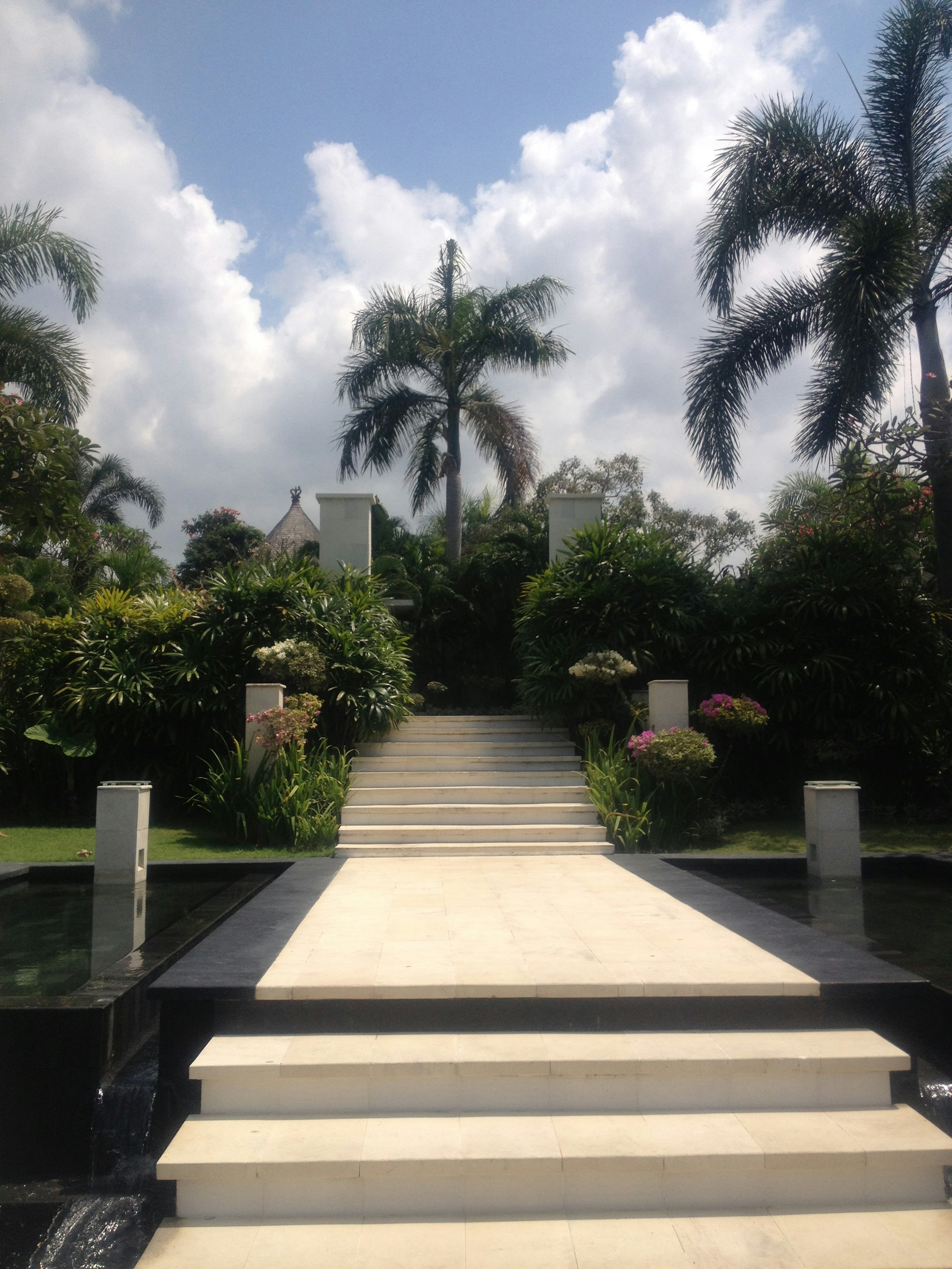 Hermosa escalera de jardín bajo un cielo azul con palmeras