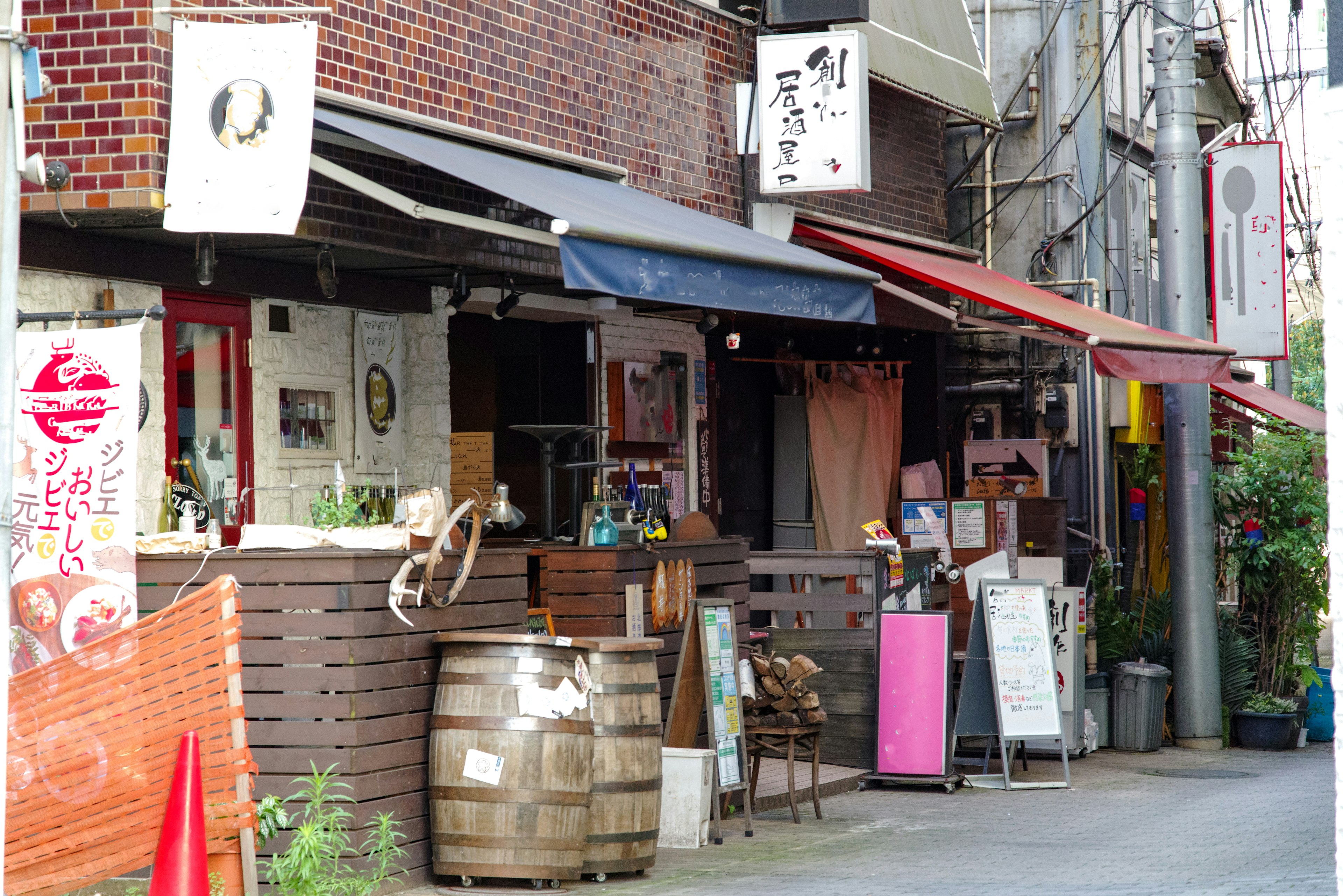 Street view showcasing cafes and restaurants with unique exteriors