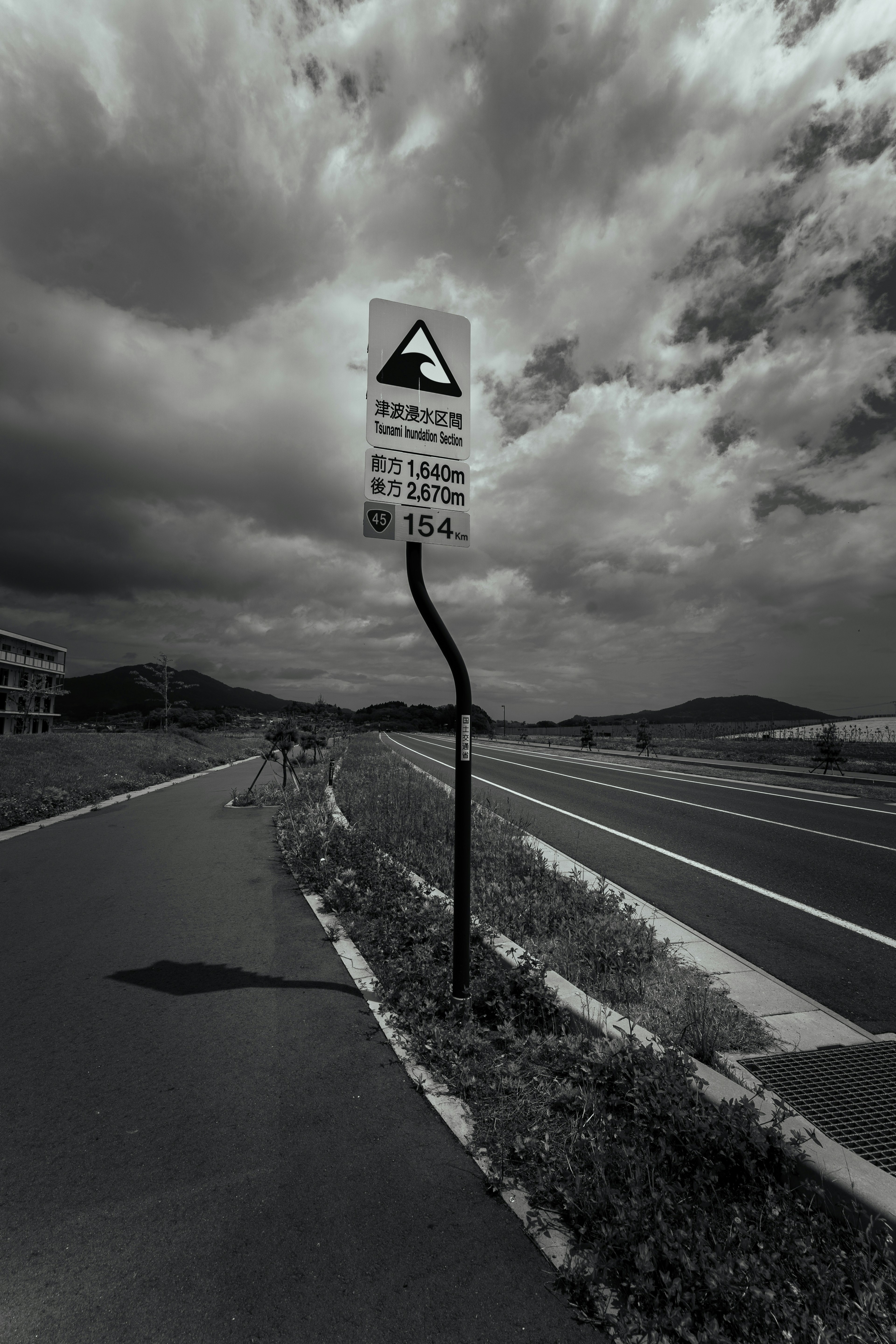 道路標識と暗い雲のある風景