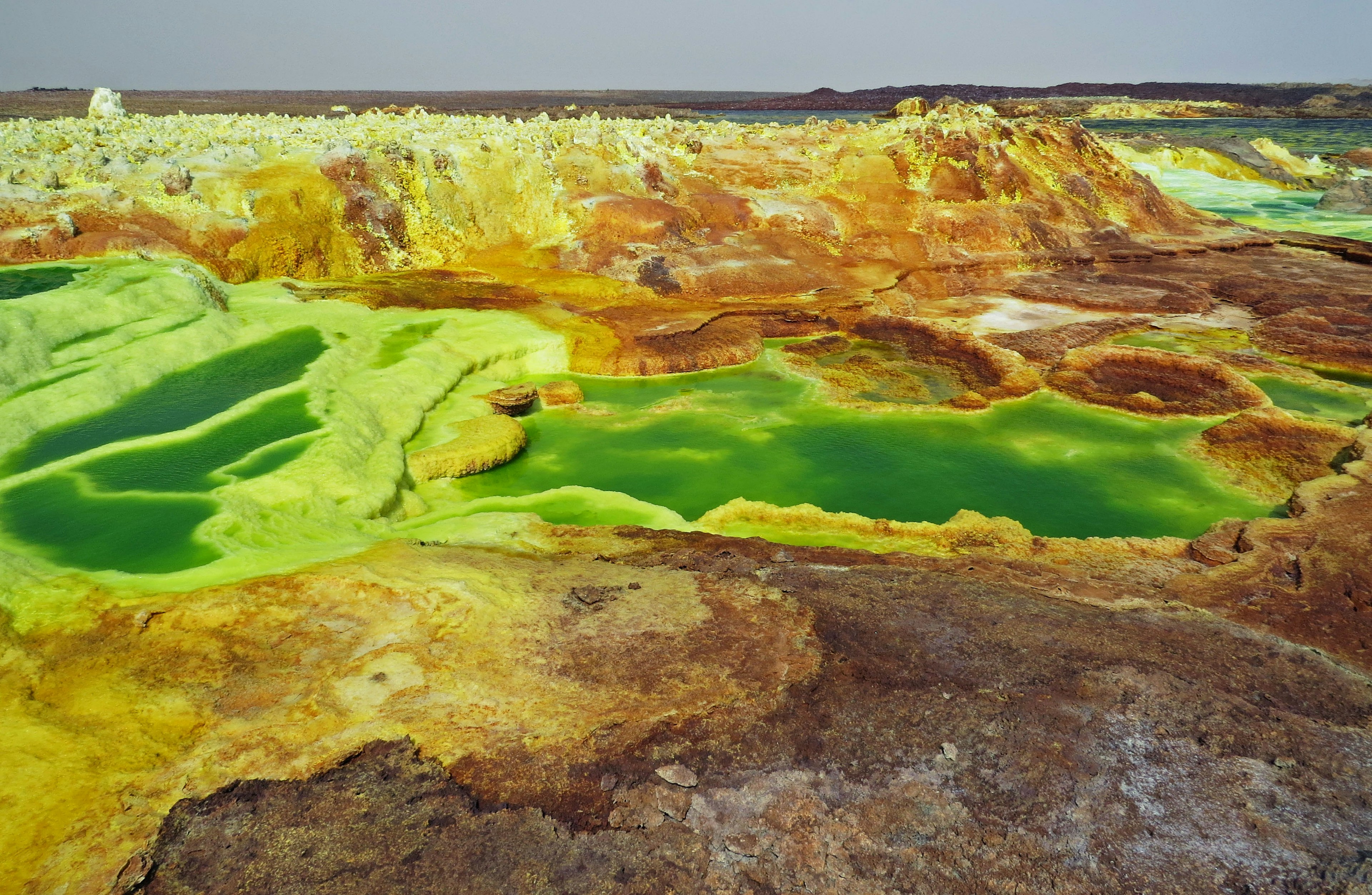 Lanskap hidup dari gunung berapi Dallol di Ethiopia dengan kolam hijau dan lapisan mineral kuning