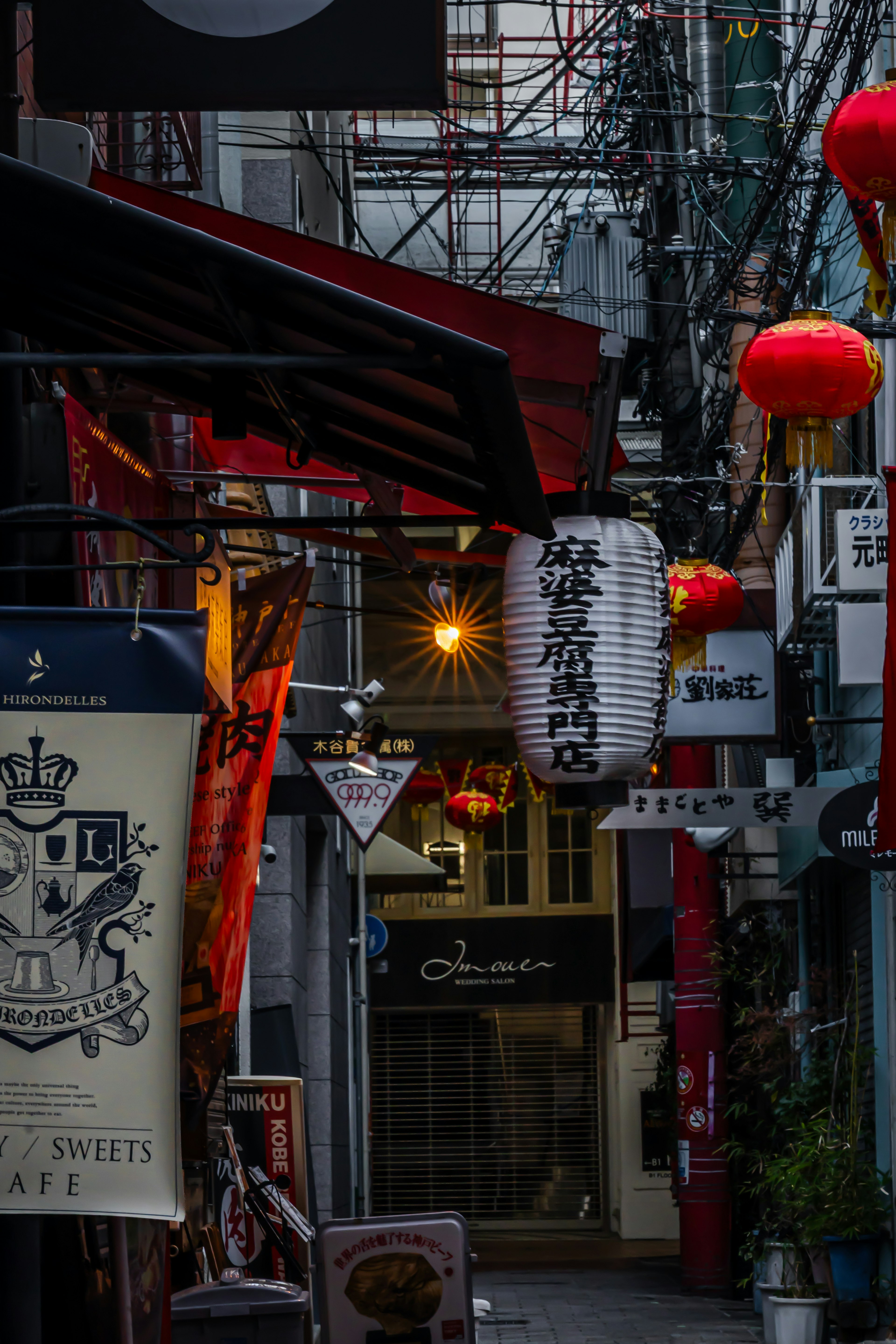 Narrow alleyway with lanterns and signs in a nighttime setting