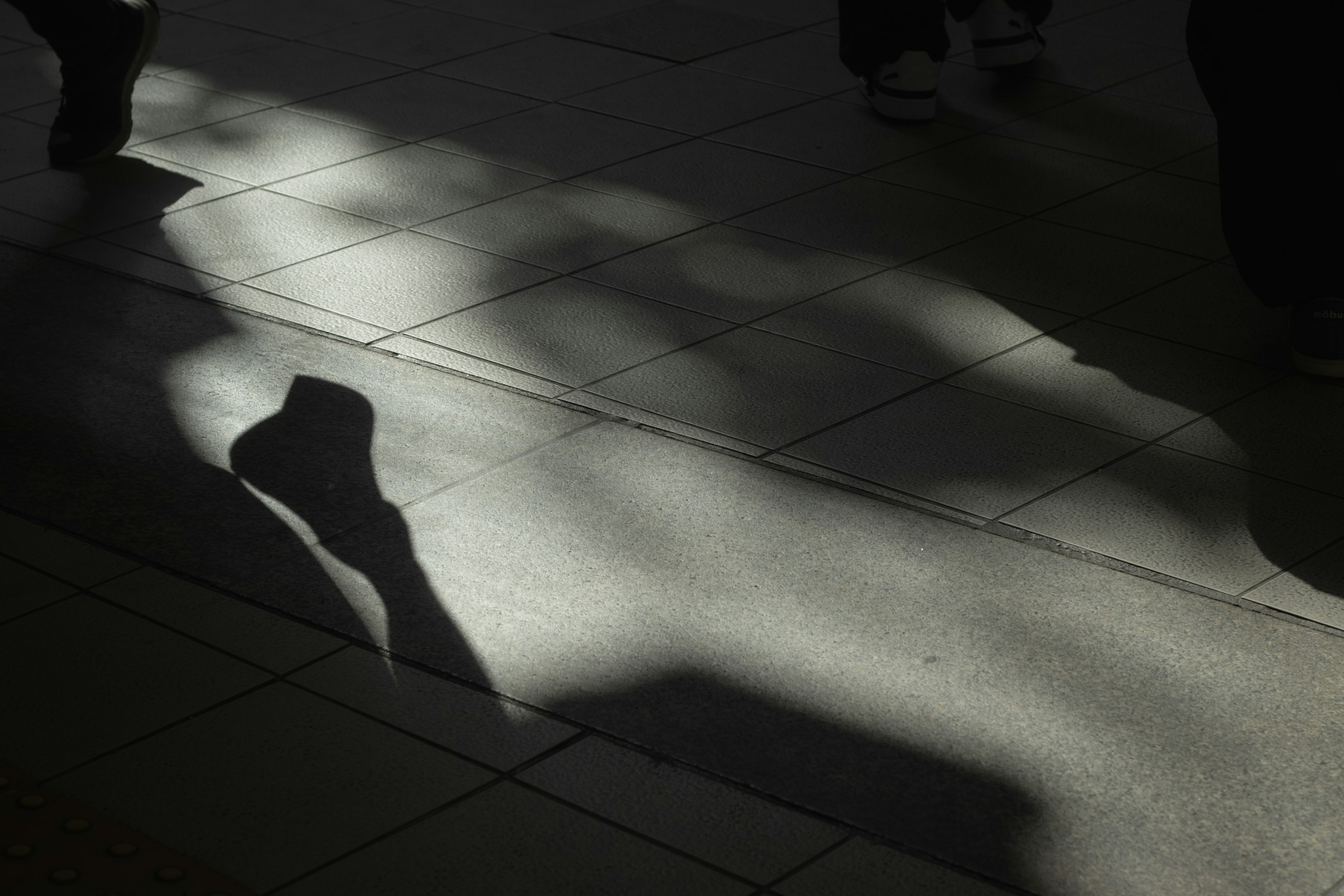 Silhouettes of people walking on a shadowed pavement