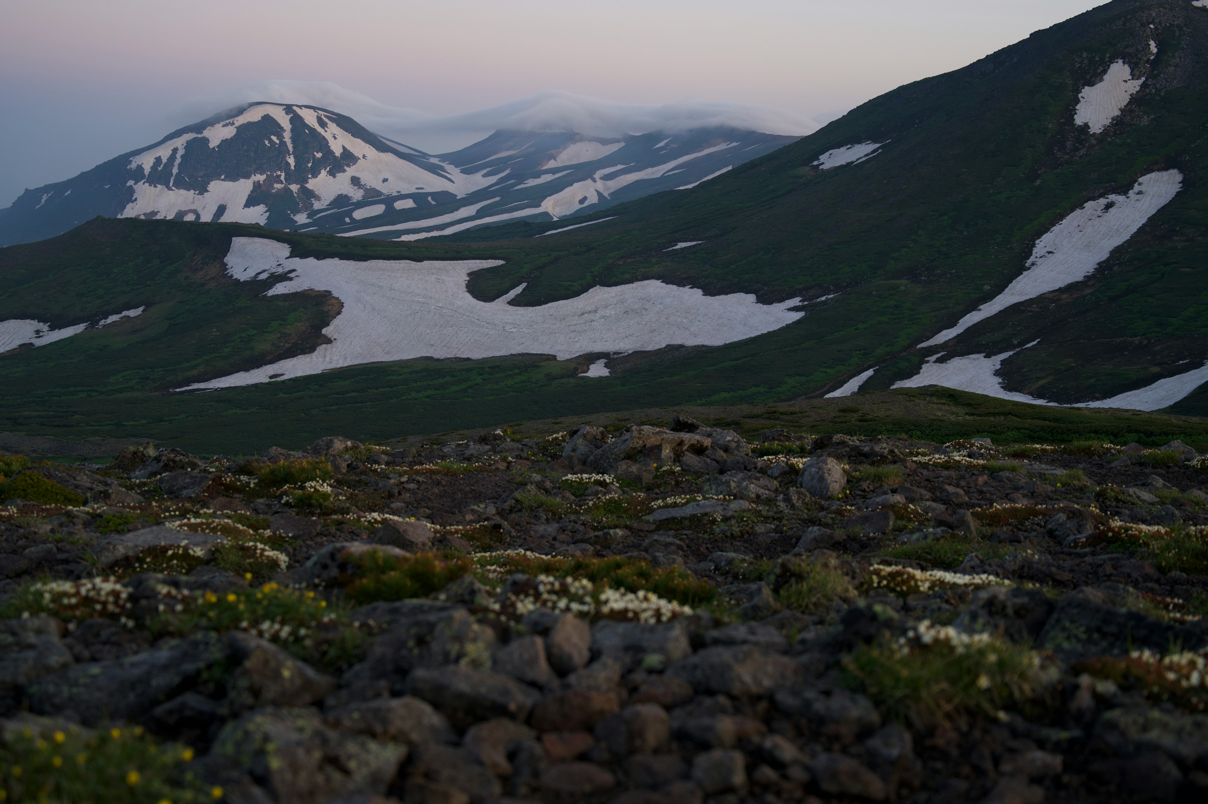 Paisaje montañoso al atardecer con picos nevados y praderas verdes