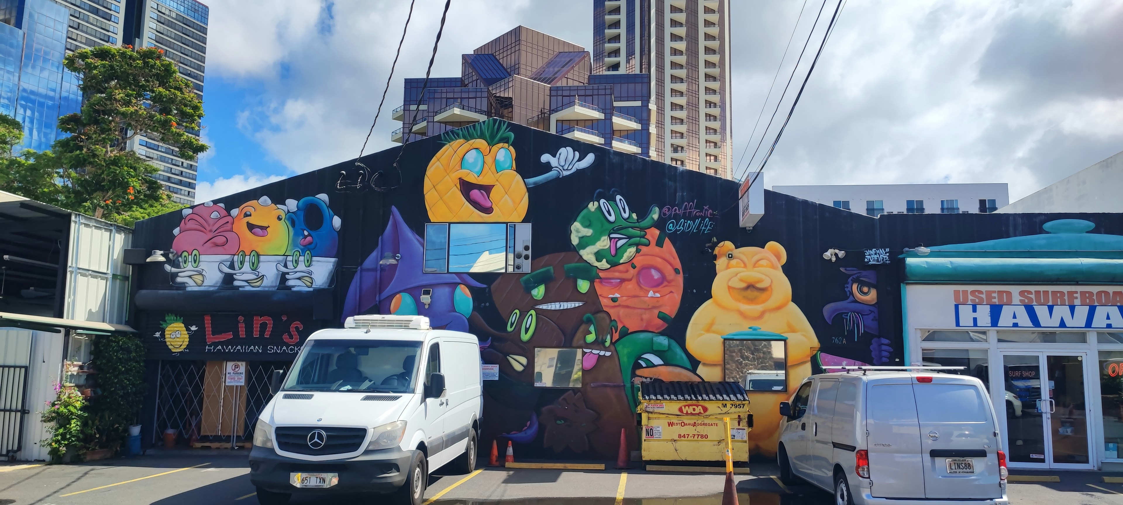 Buntes Wandgemälde an einem Gebäude mit Cartoonfiguren und Stadtlandschaft