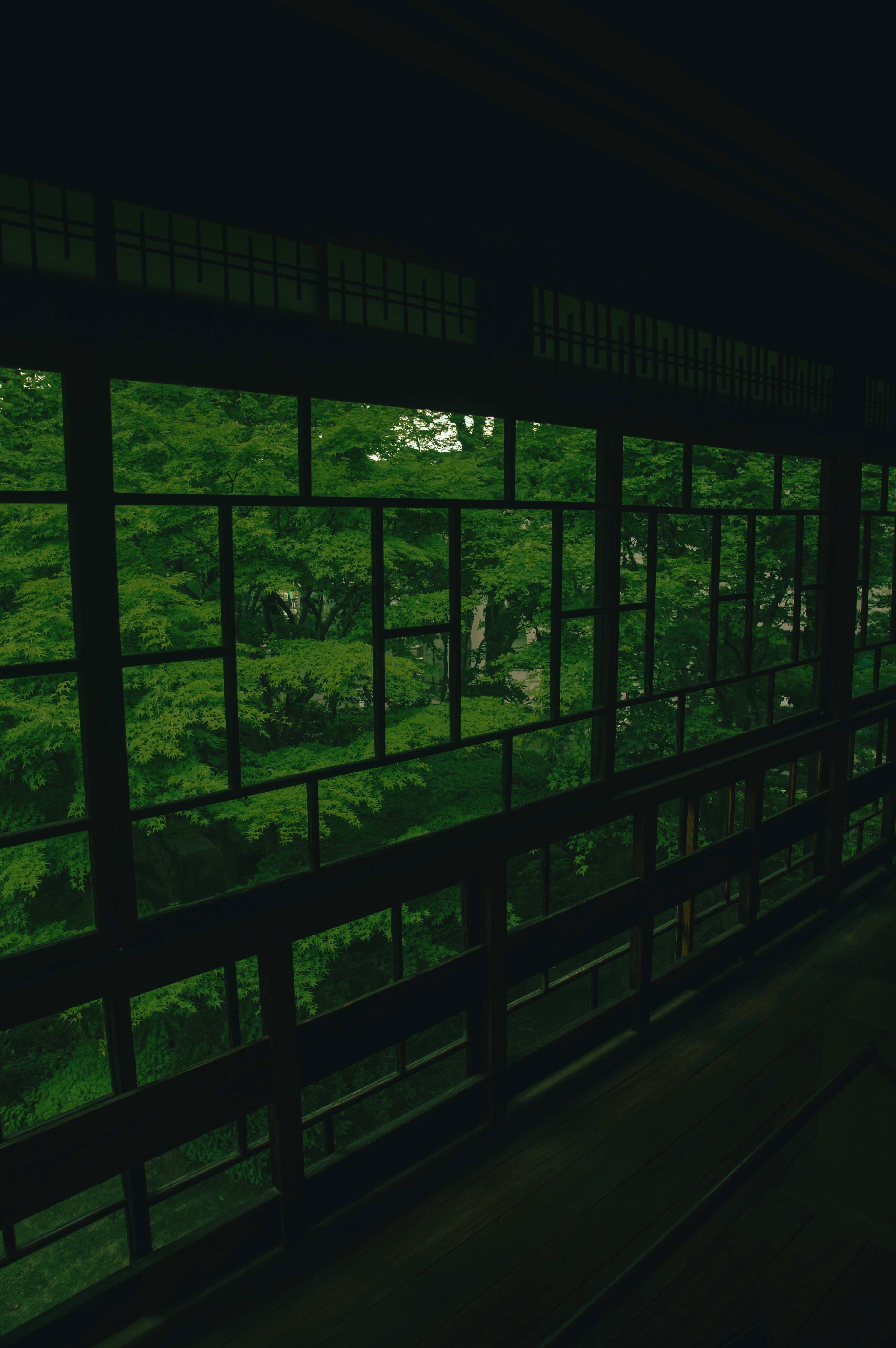 Blick aus einem Fenster auf eine üppige grüne Landschaft