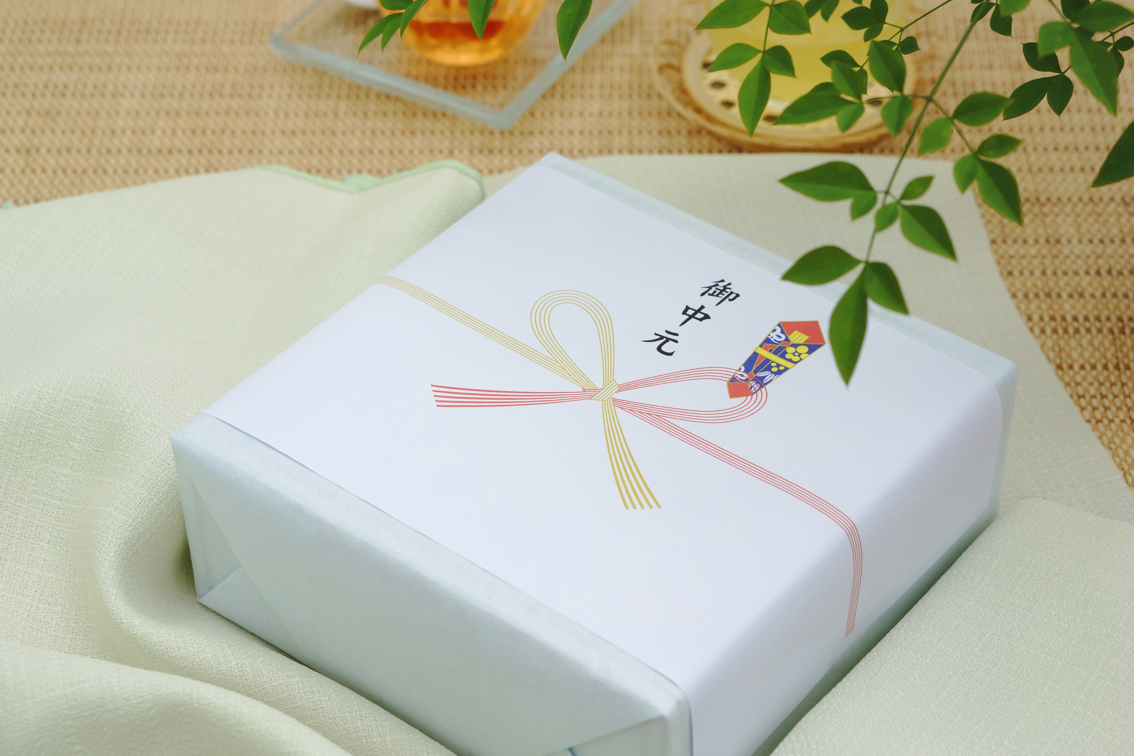 A white gift box tied with a ribbon surrounded by plants and fabric